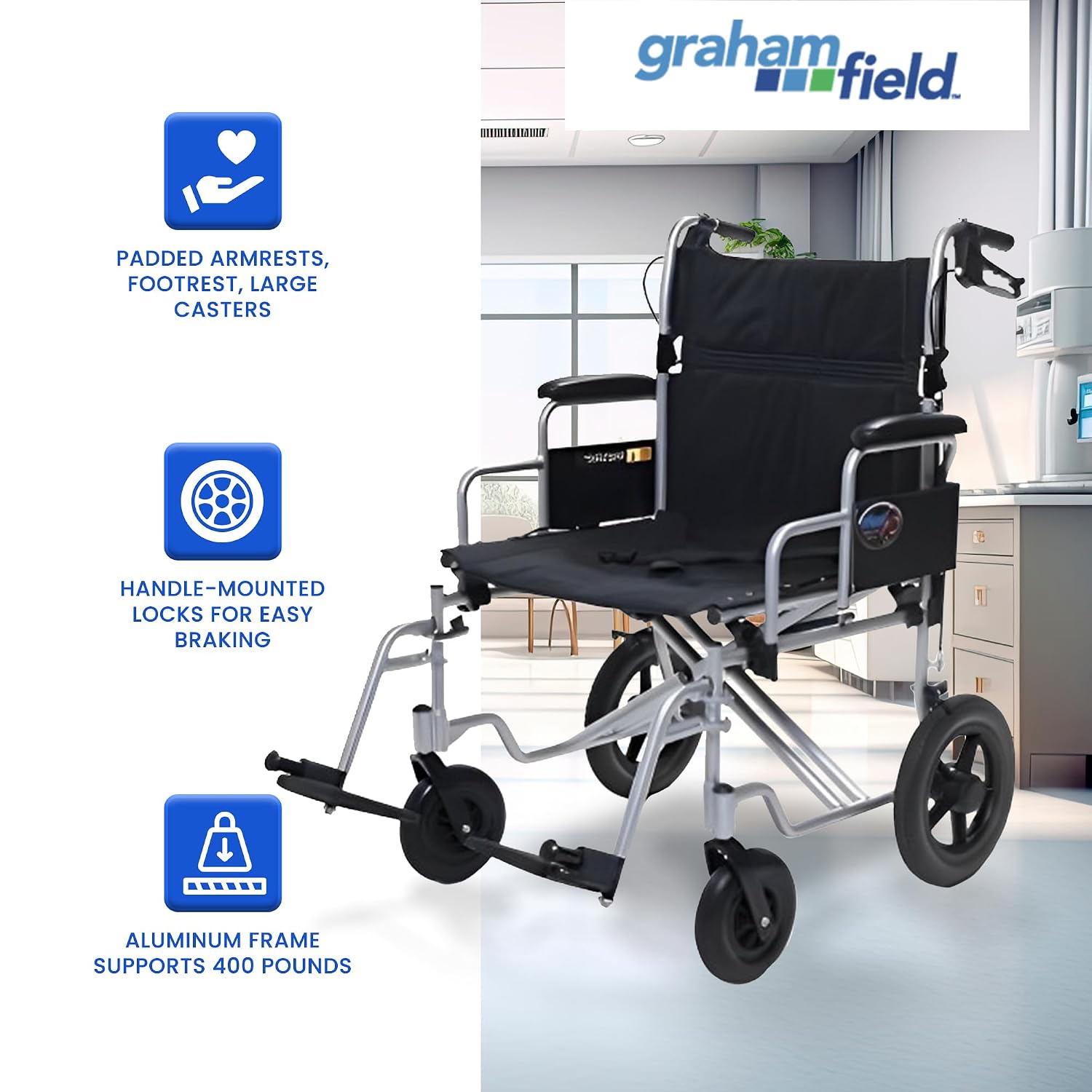 Everest & Jennings Bariatric Transport Wheelchair – Extra-Wide Folding Transit Chair with 24” Seat for Adults & Seniors