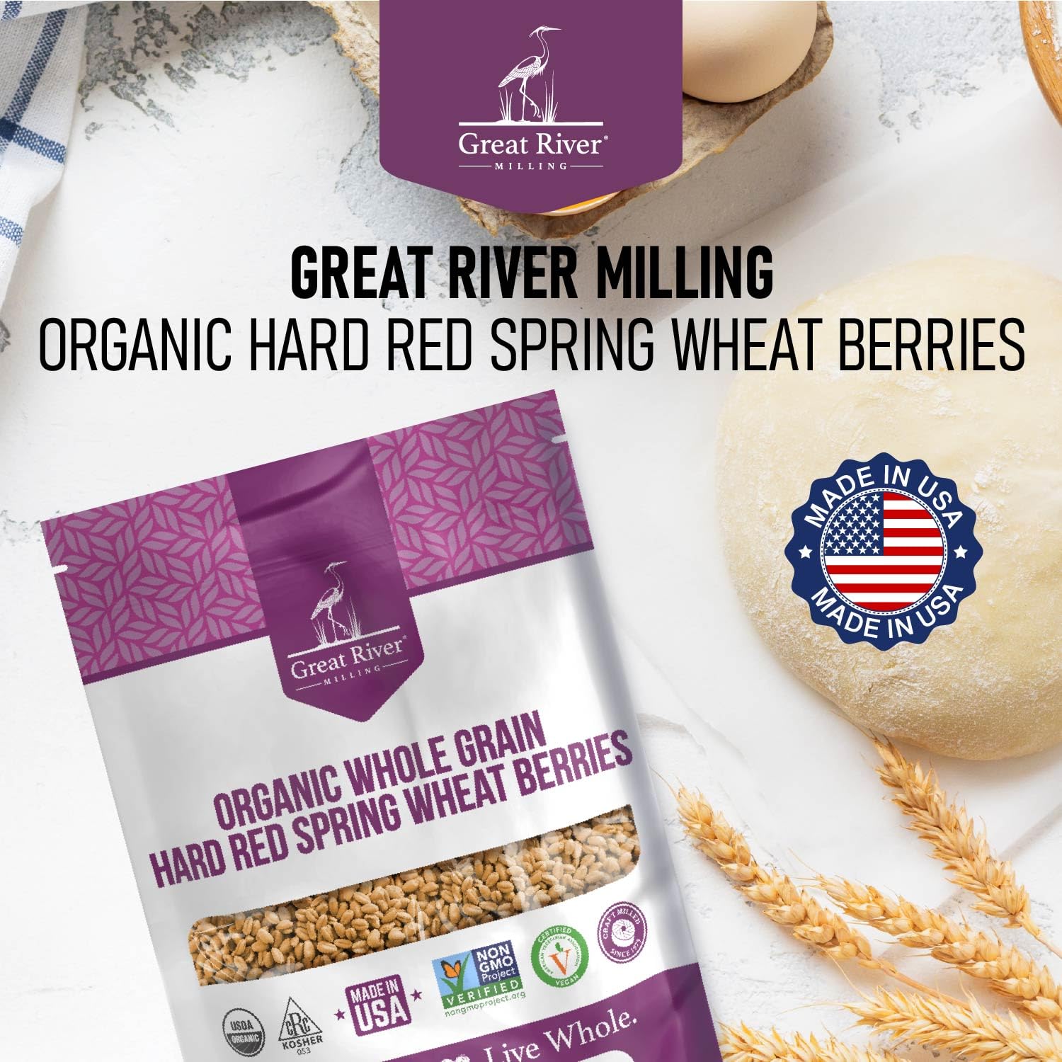 Great River Milling Organic Hard Red Spring Wheat Berries, Non-GMO, 25 lb | Organic Hard Red Spring Wheat Berries for home-milled bread flour, sourdough, sprouting, salads, pilaf and grain bowls