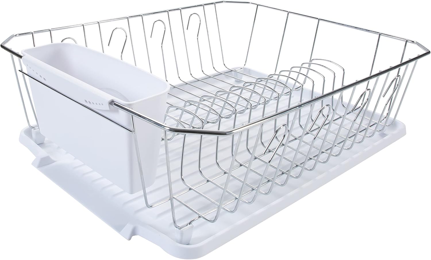Kitchen Details 3 Piece Dish Rack | Drying Rack, Cutlery Basket & Drainboard Tray | Countertop | Self Draining | Open Wire Design | Chrome | White