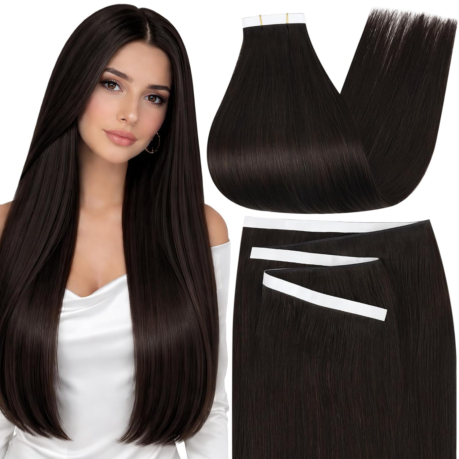 Moresoo Black Tape in Hair Extensions Human Hair, 18 Inch, 20Pcs, 50g