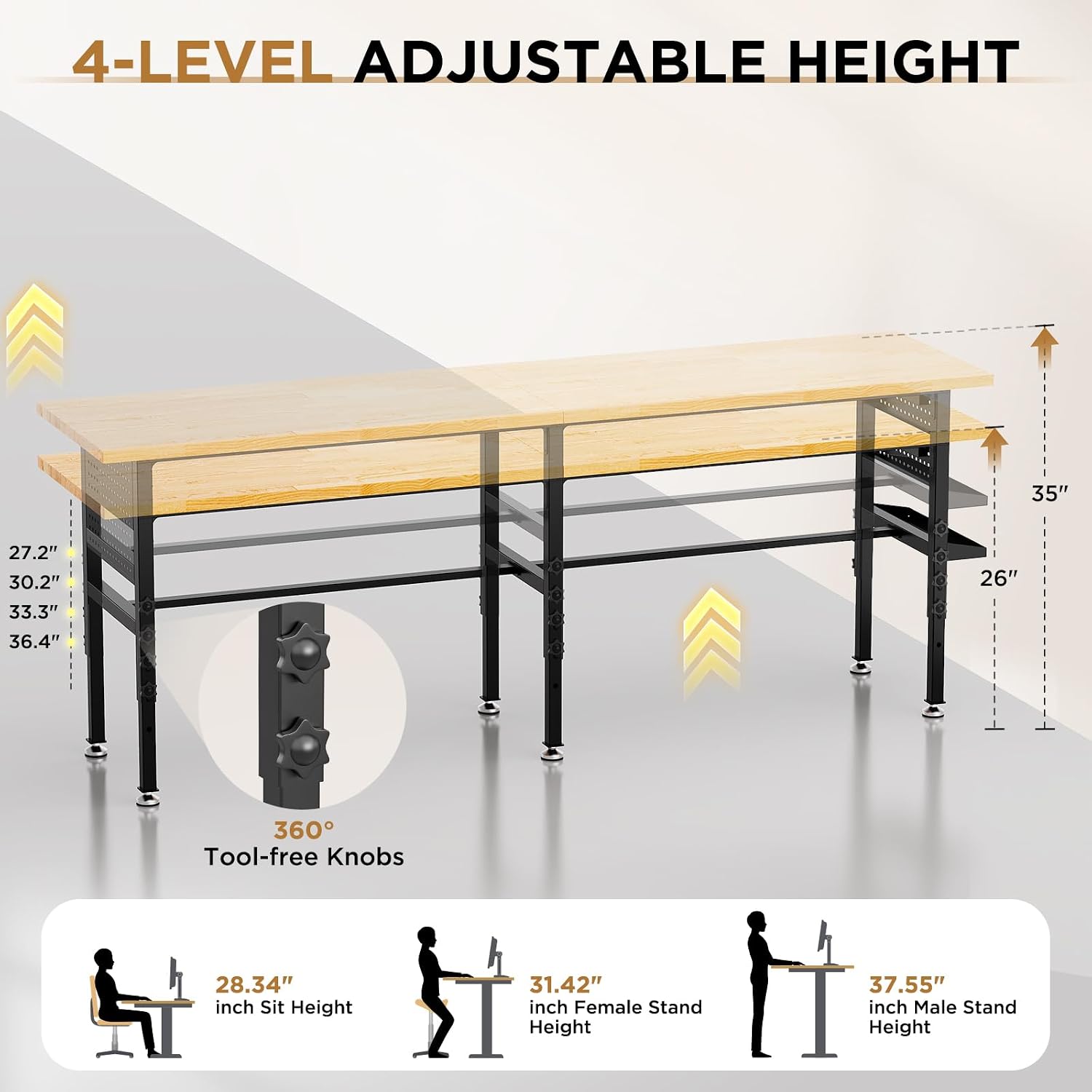 60 Inch Heavy Duty Workbench with Storage Cabinet, Wooden Top, 2000 lbs Capacity, Garage Work Table with Pegboard, Power Outlet, Leveling Feet, Black