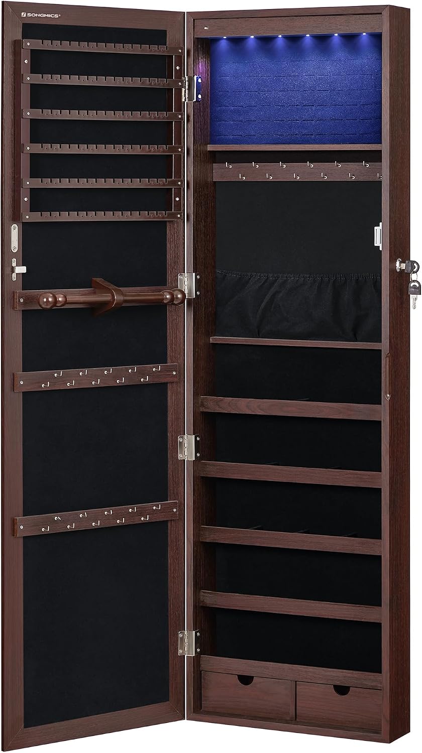 SONGMICS 6 LEDs Mirror Jewelry Cabinet, 47.2-Inch Tall Lockable Wall or Door Mounted Jewelry Armoire Organizer with Mirror, 2 Drawers, 3.9 x 14.6 x 47.2 Inches, White UJJC93W
