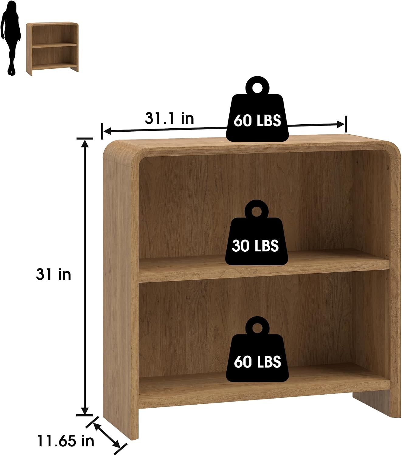 Bevfint 44" Bookcase Tall 3 Shelves Wood Bookshelf with Curved Soft Edges, Heavy Duty Storage Cabinet for Professional Home Office and Living Room, Modern Natural Oak Grain Finish