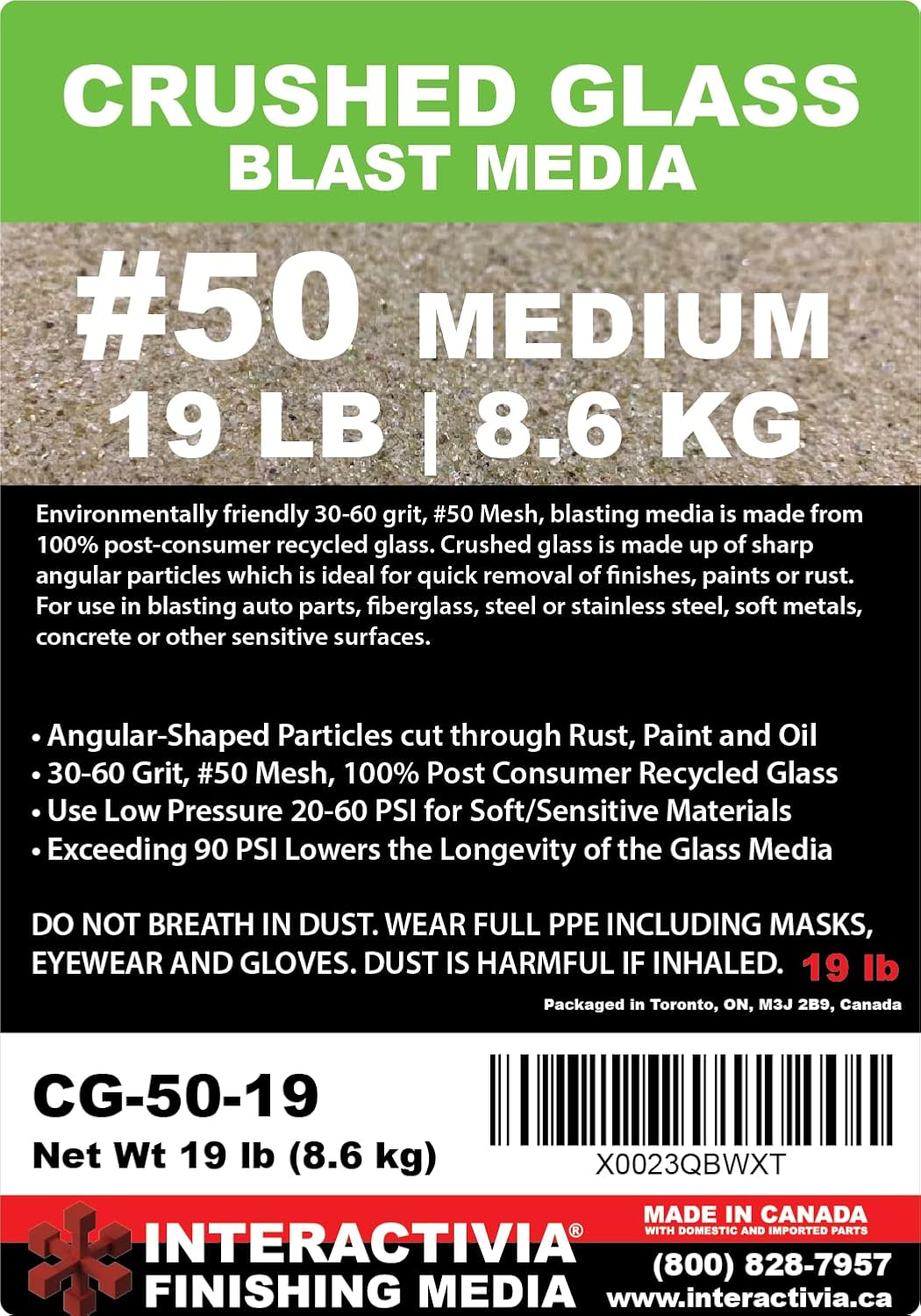 30-60 Grit (#50) Crushed Glass Abrasive - 19 lb or 8.6 kg - Blasting Abrasive Media (Medium) #50 Mesh - 559 to 254 Microns - for Blast Cabinets Or
