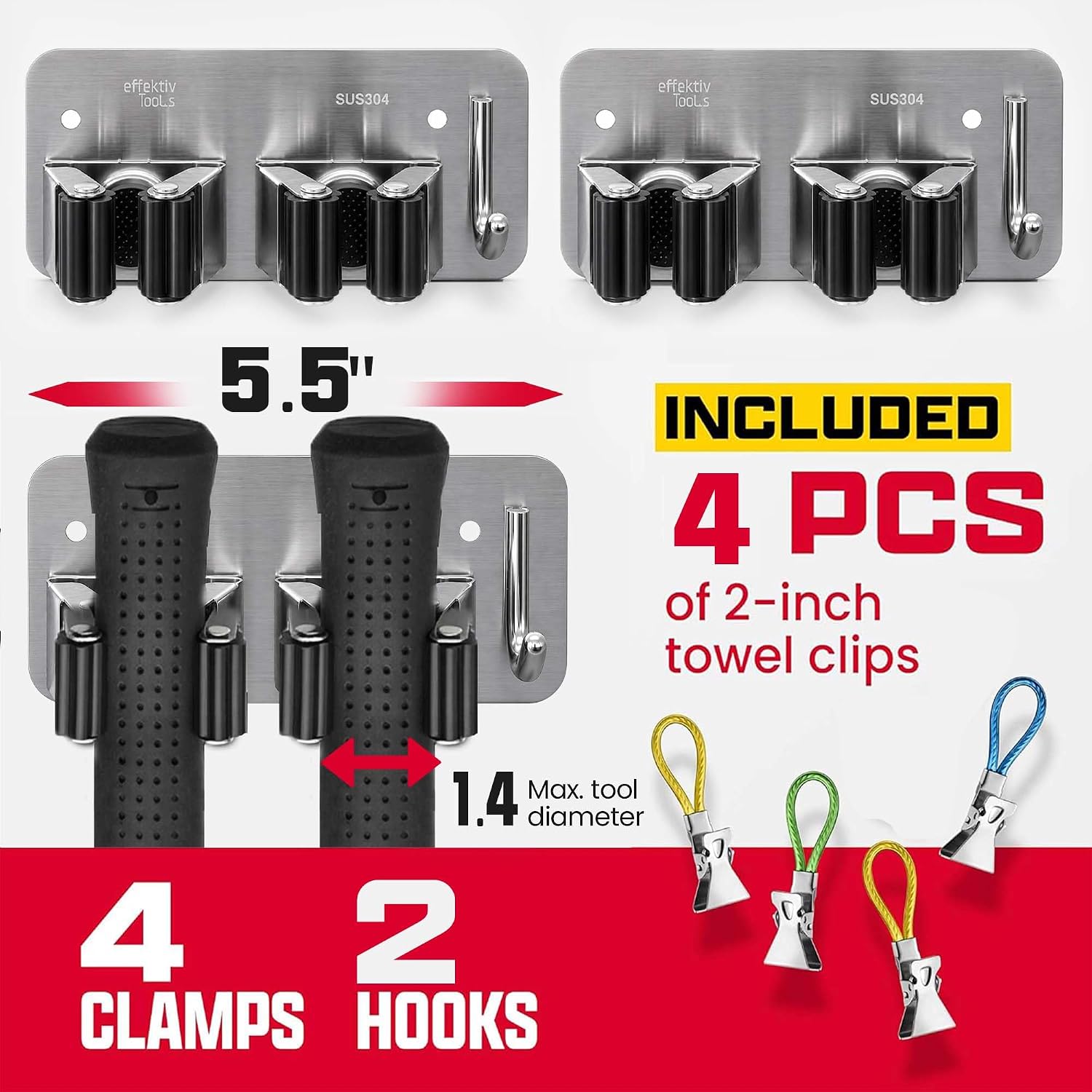 Wall Mount Hanger for Brooms & Mops - Adhesive Stainless Steel Mops & Broom Holder, 4 Clamps, 3 Hooks