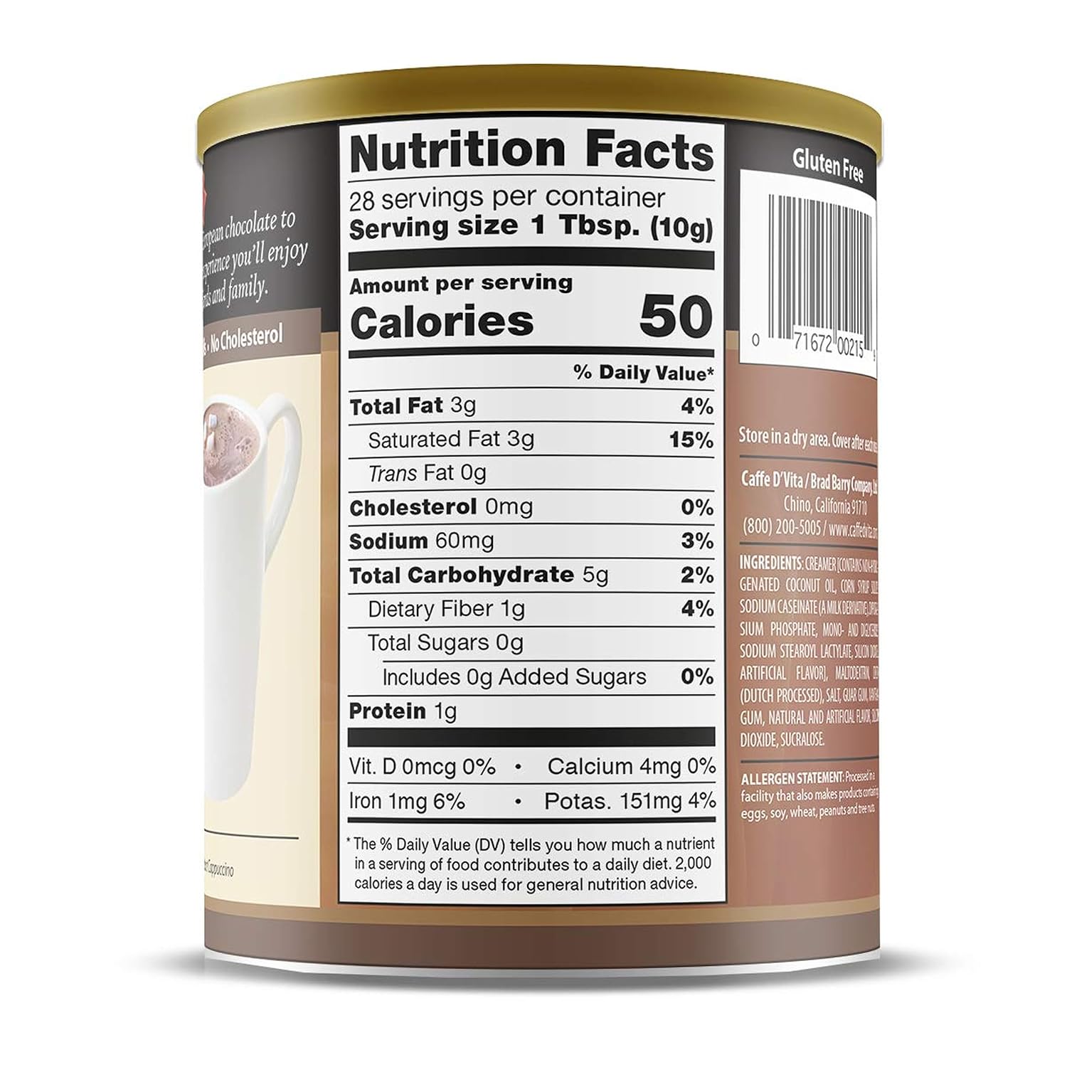 Caffe D'Vita Sugar Free Hot Cocoa Mix, Gluten Free - 10 Oz Can | Hot Chocolate Mix, Low Fat, No Cholesterol, No Hydrogenated Oils or Trans Fat, Kosher, Cocoa Bulk