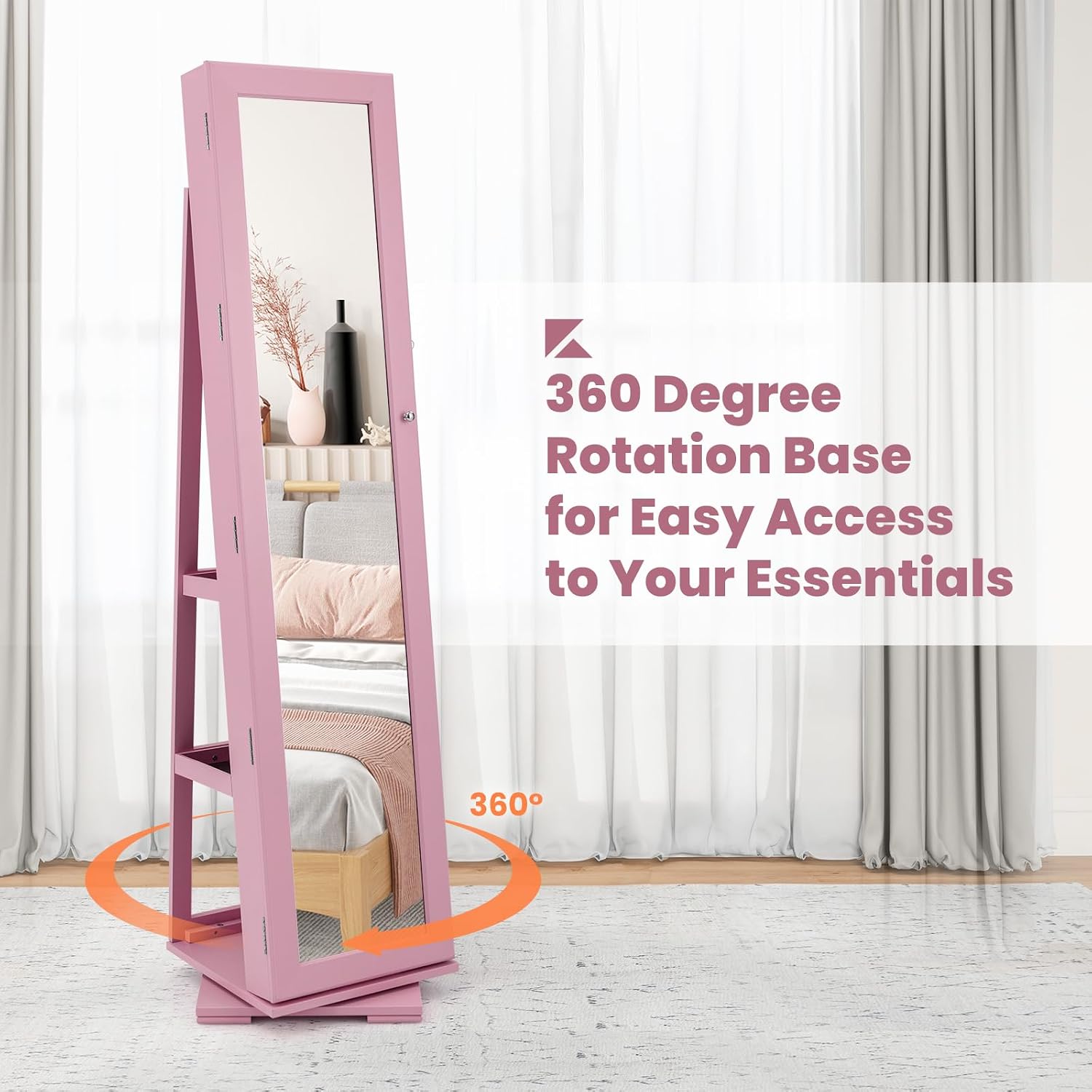CHARMAID 360° Swivel Jewelry Armoire with Higher Full Length Mirror, Standing Lockable Jewelry Cabinet Organizer with Large Storage Capacity