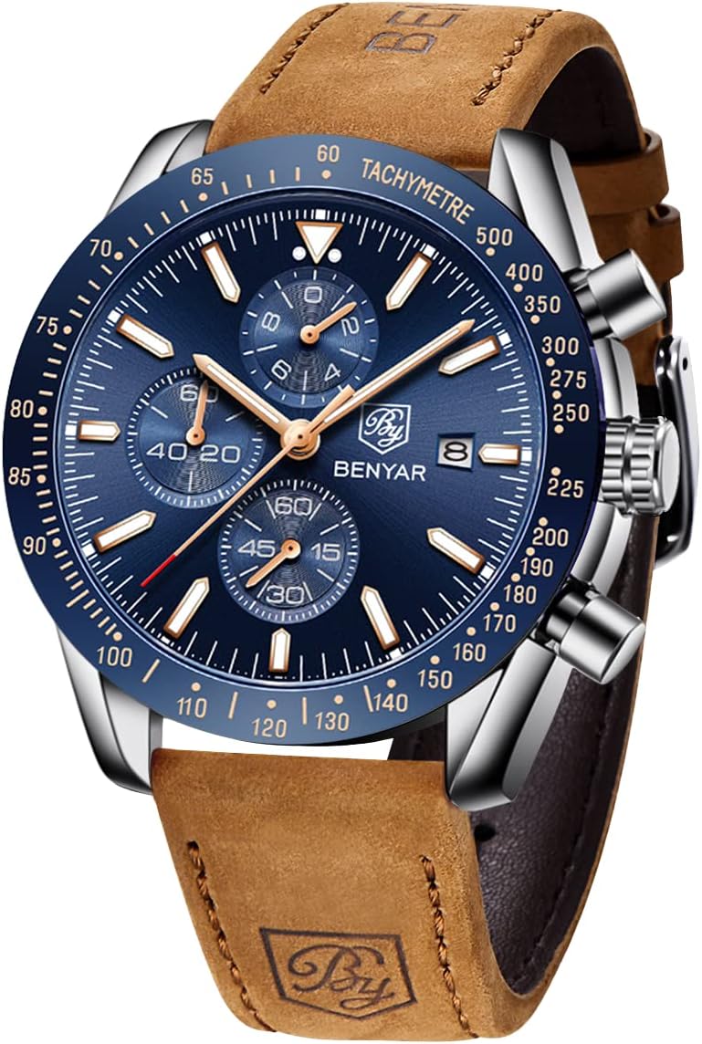BENYAR Watch for Men Analog Quartz Chronograph Waterproof Luminous Designer Mens Wrist Watches Business Work Sport Casual Dress Watch with Silicone Strap Elegant Gifts for Men