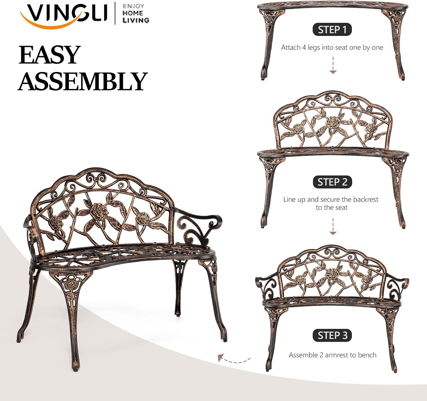 VINGLI 38.5" Patio Park Garden Outdoor Metal Rose Bench, 2-Person Cast Iron Cast Aluminium Frame Antique Finish Chair,Accented Lawn Front Porch Path Yard Decor Deck Furniture (Bronze, Rose)