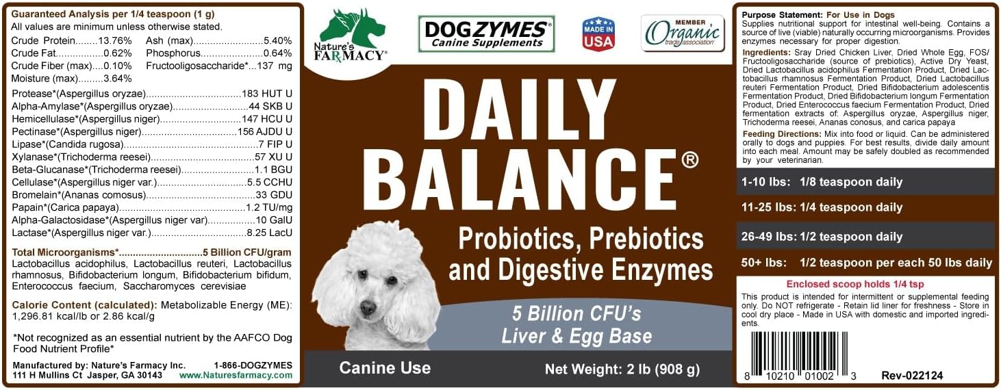 Dogzymes Probiotic Daily Balance - Supplies Nutritional Support and Live microorganisms for intestinal Well-Being as Well as enzymes for Proper Digestion. Liver and Egg Base. (1 Pound)