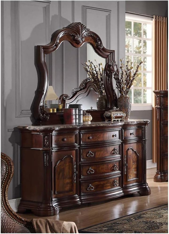 Best Master Barney's 2-Piece Wood Dresser and Mirror Set in Walnut w/Marble Top