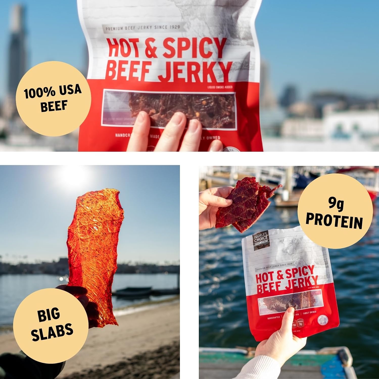 People's Choice Big Slab Beef Jerky - Whole Muscle - Hot & Spicy, 19.2 oz | Thin Sliced Slabs, 9 g Protein Per Serving, Low Sodium Recipe, 15 Count Pieces, Preservative Free, 365 Day Shelf Life