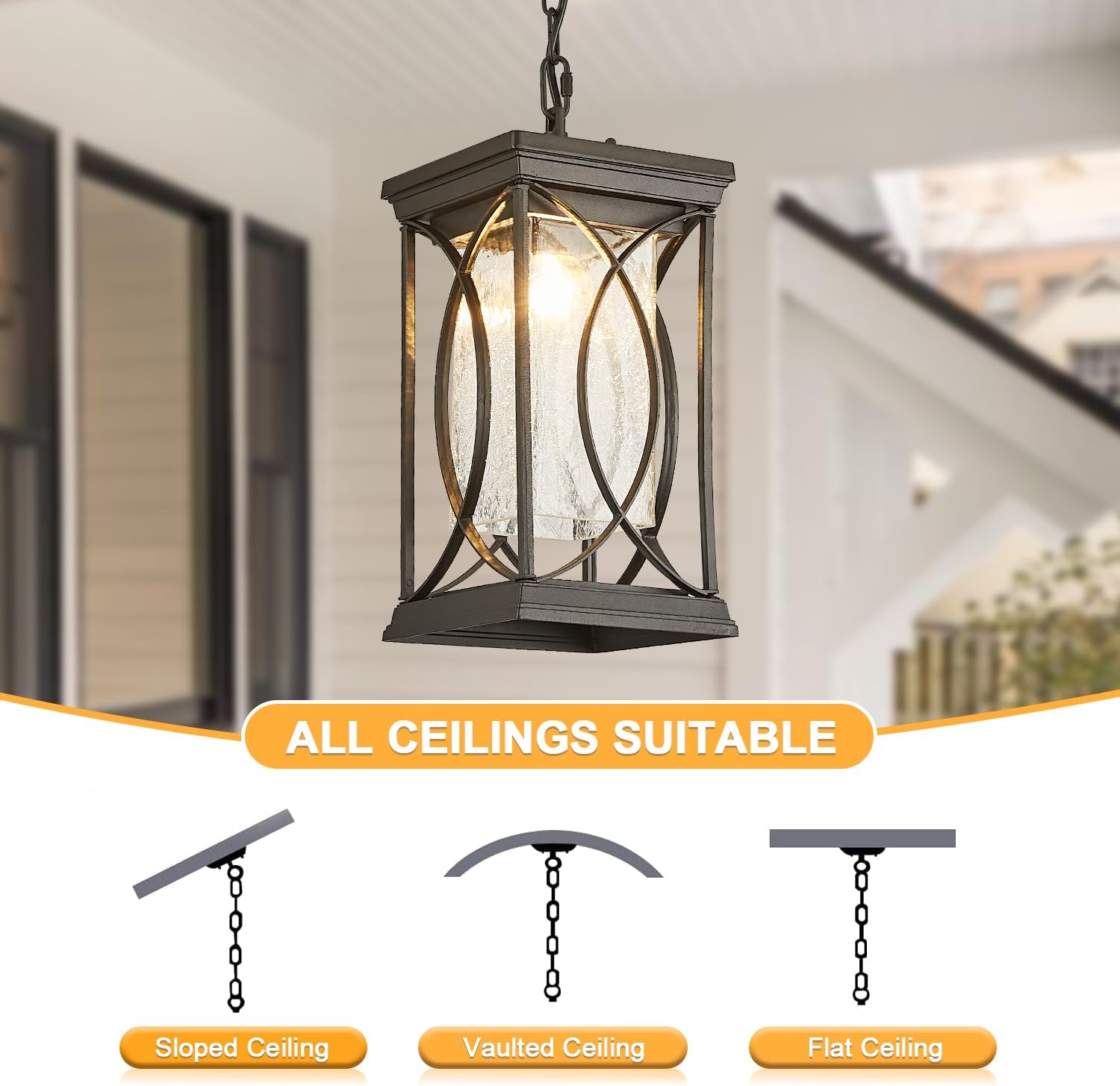 Dusk to Dawn Modern Outdoor Coach Lantern Exterior Light Fixtures Black Aluminum with Crack-Like Glass Waterproof Wall Sconce Mission Outside Light