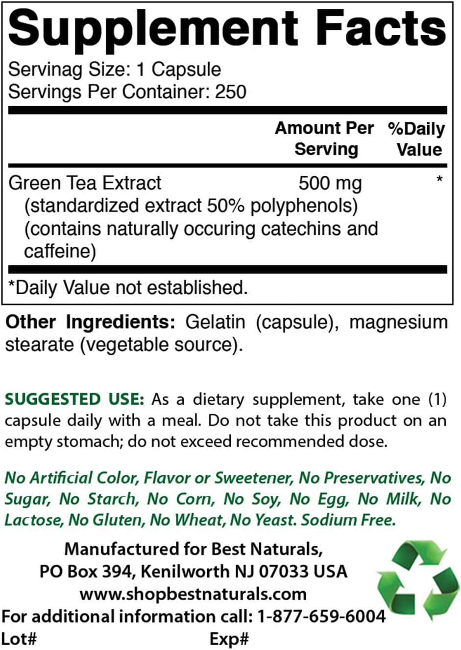 Best Naturals Green Tea Extract 500 mg 250 Capsules