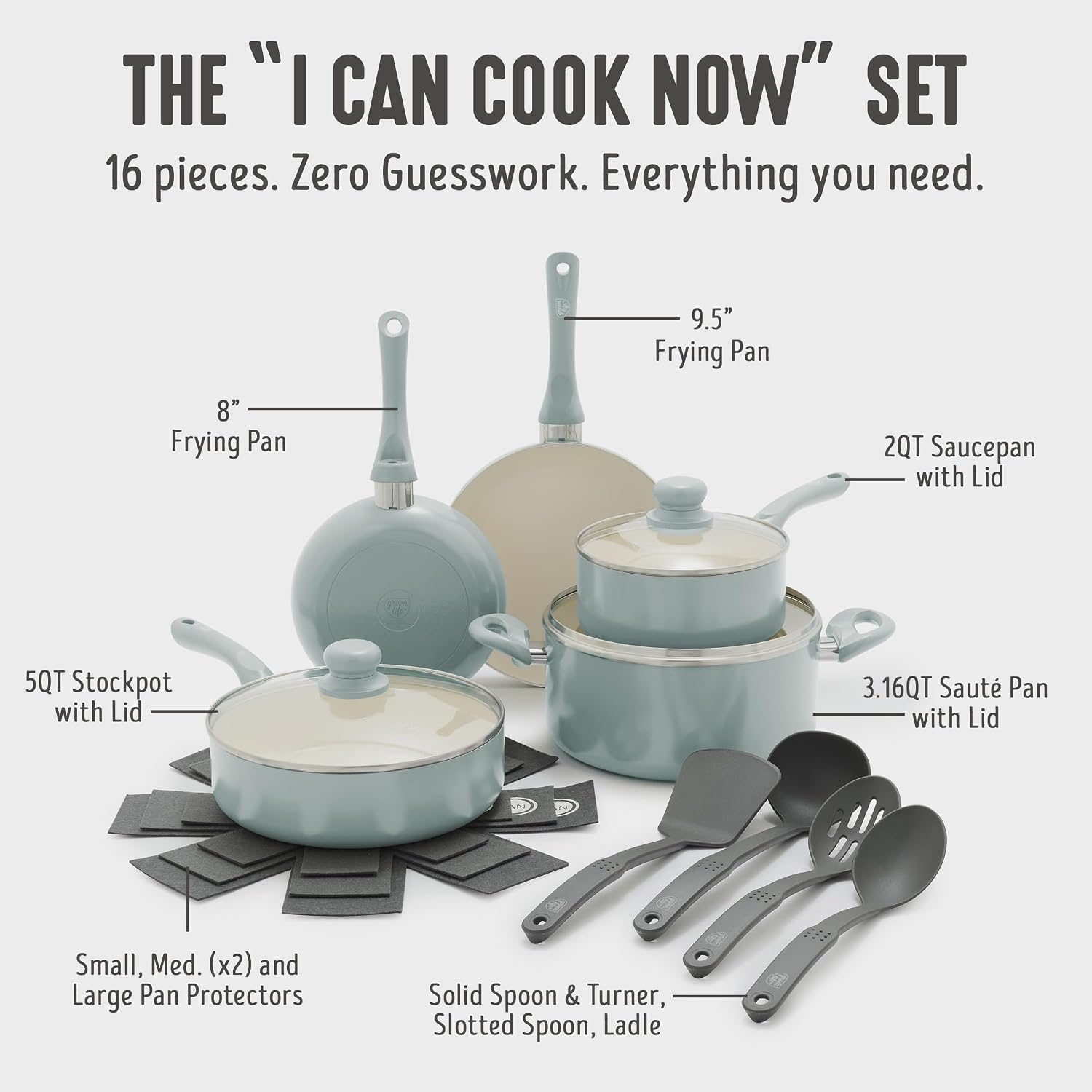 GreenLife 16 Piece Ceramic Nonstick Pots & Pans Cookware Set, Turquoise | PFAS-Free Ceramic Nonstick, Stockpot, Frying Pans, Saucepans, Sauté Pan, Stay-Cool Handles, Dishwasher & Oven Safe up to 350F