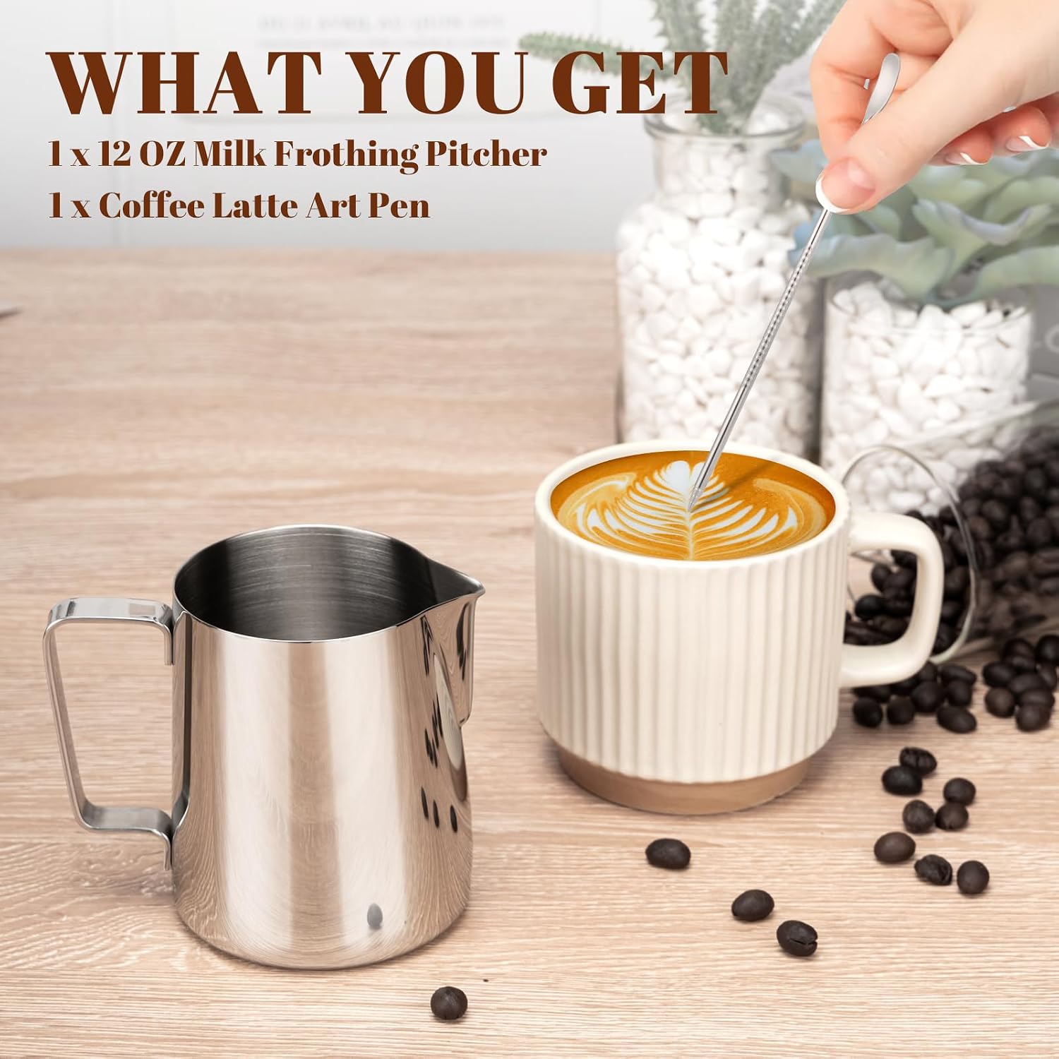 Amrules Milk Frothing Pitcher, 12oz Milk Frother Cup with Clear Scale