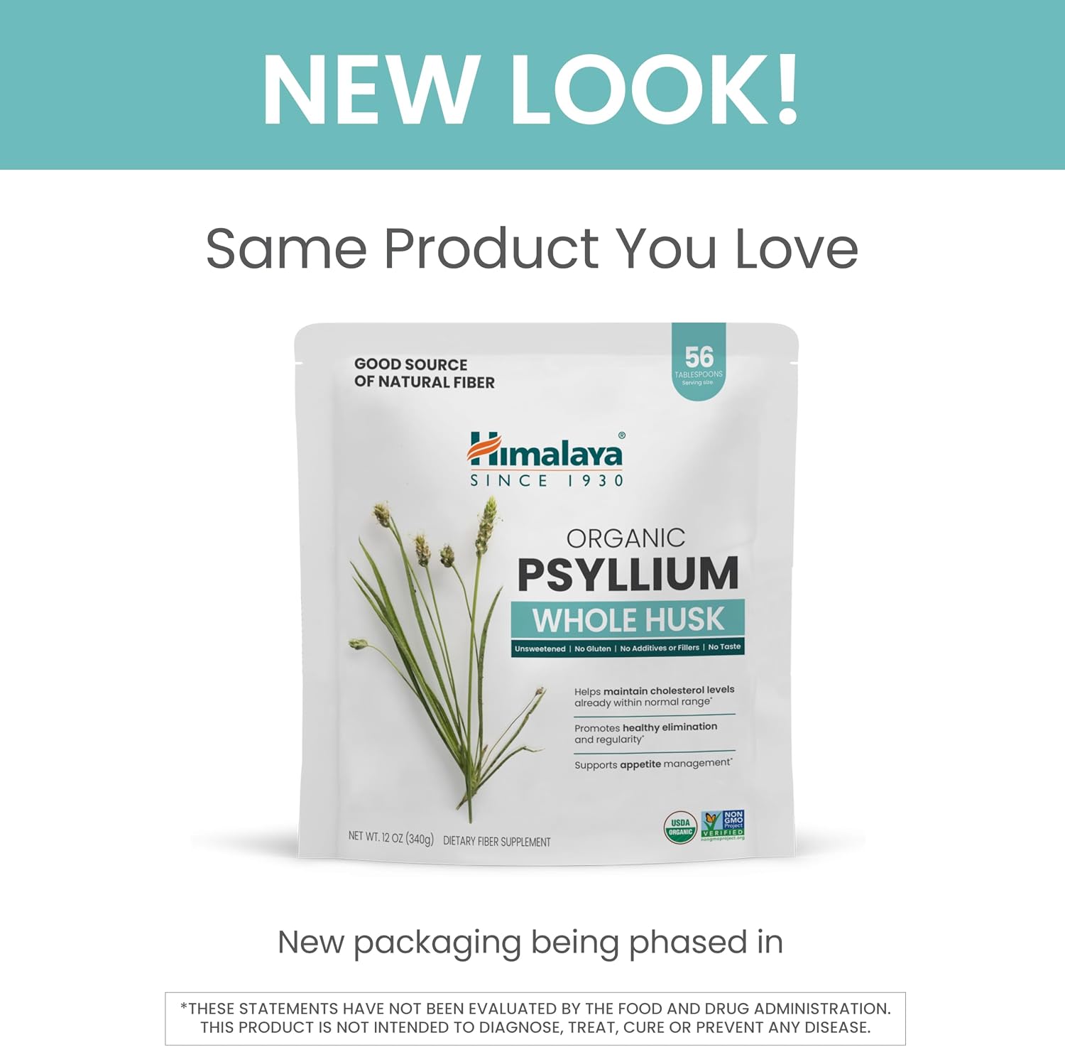 Himalaya USDA Organic Psyllium Whole Husk Powder, Natural Daily Fiber Supplement, Regularity, Appetite Management, Non-GMO, 56-Tablespoon Supply, Unflavored, 12 Oz