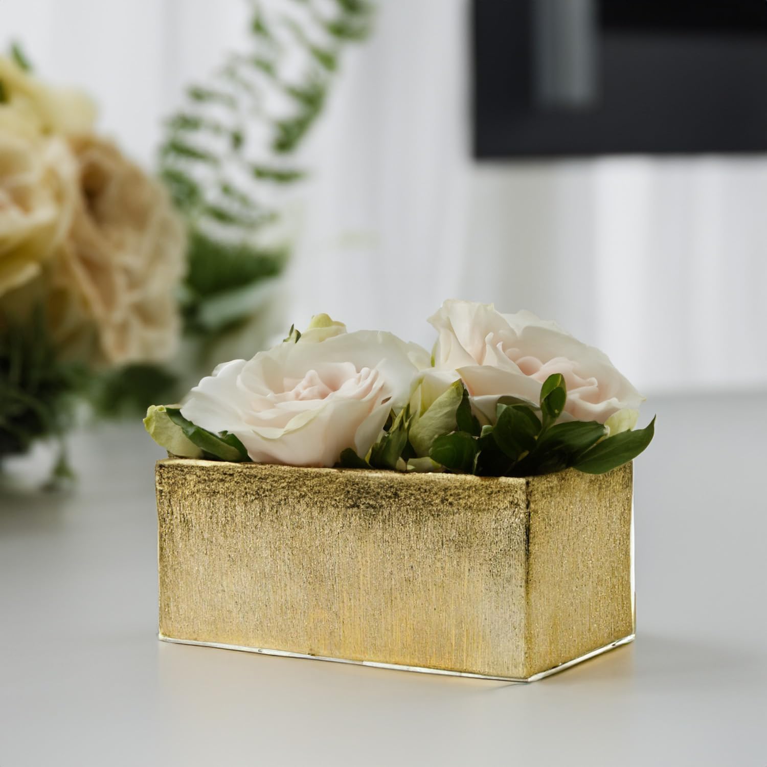 WGVI Long Rectangle Ceramic Planter Vase in White 14" x 4" x 4"H, Rectangular Box Block Terrarium Pot, Flower Arrangement, Tabletop Centerpiece