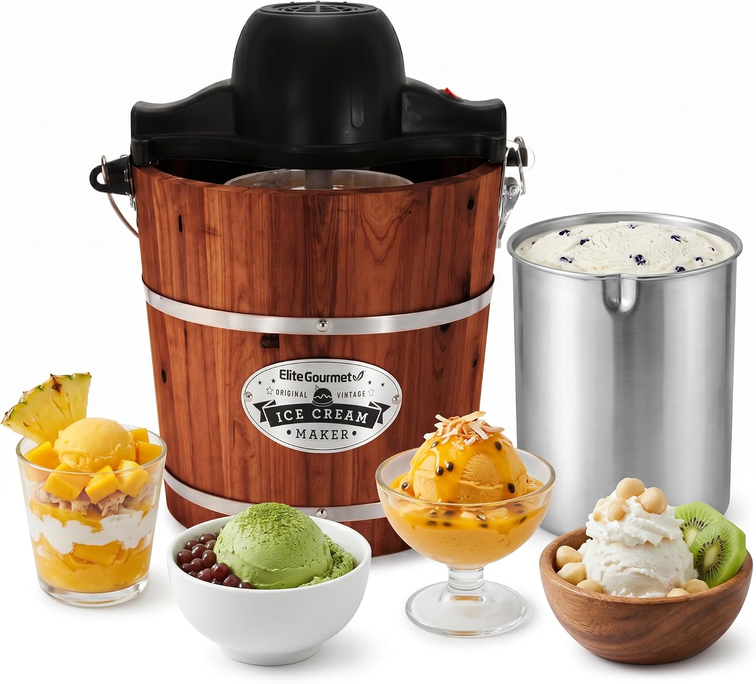 Elite Gourmet EIM402 4Qt Old Fashioned Wood Bucket Ice Cream Maker