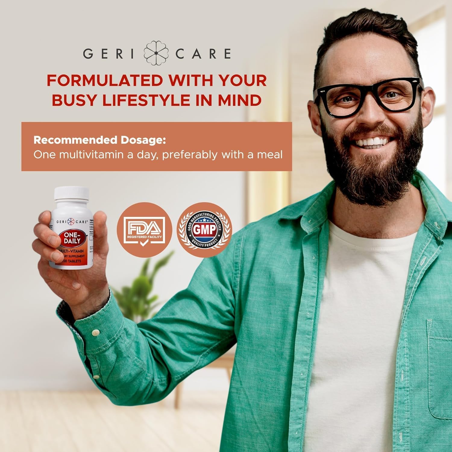 GeriCare One-Daily Multi-Vitamin Tablet, 100 Count Adult Multivitamin Supplement | Easy-to-Take Dietary Supplement with Vitamins A, C, D3, B, Calcium| Vitamin & Mineral Complex (2 Pack)