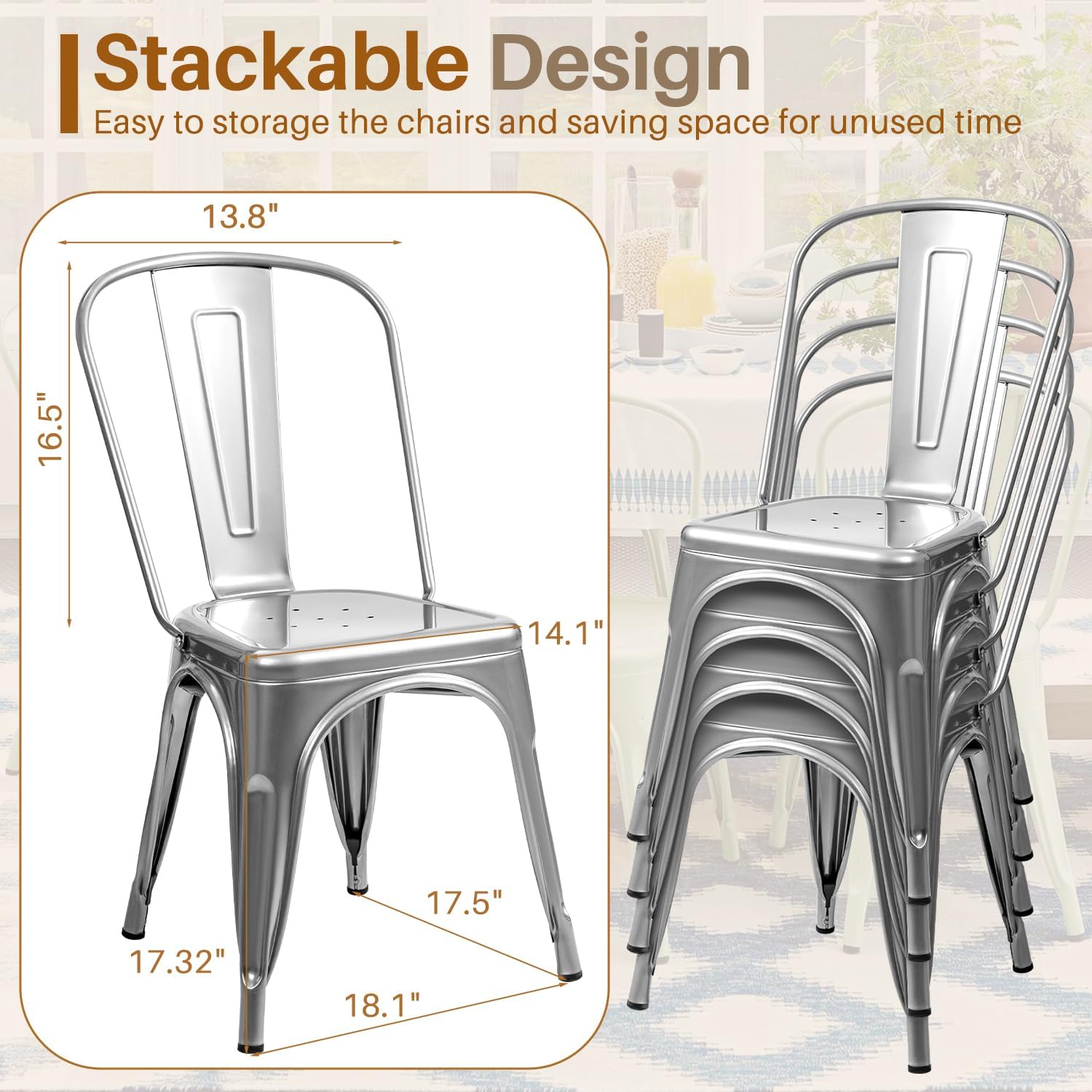 Furmax Metal Dining Chair Indoor Outdoor Use Stackable Classic Trattoria Chair Chic Dining Bistro Cafe Side Metal Chairs Set of 4 (Ivory White)
