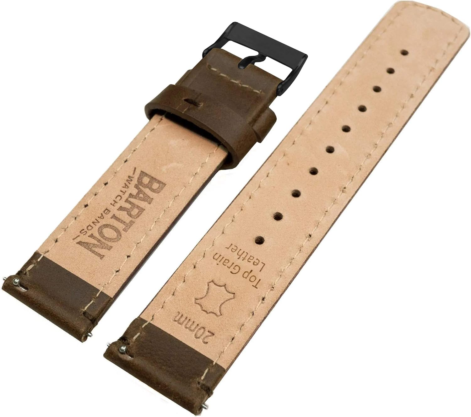 BARTON WATCH BANDS Quick Release Top Grain Leather Watch Band Strap, Saddle Leather/Saddle Stitching (Black Buckle), 22mm