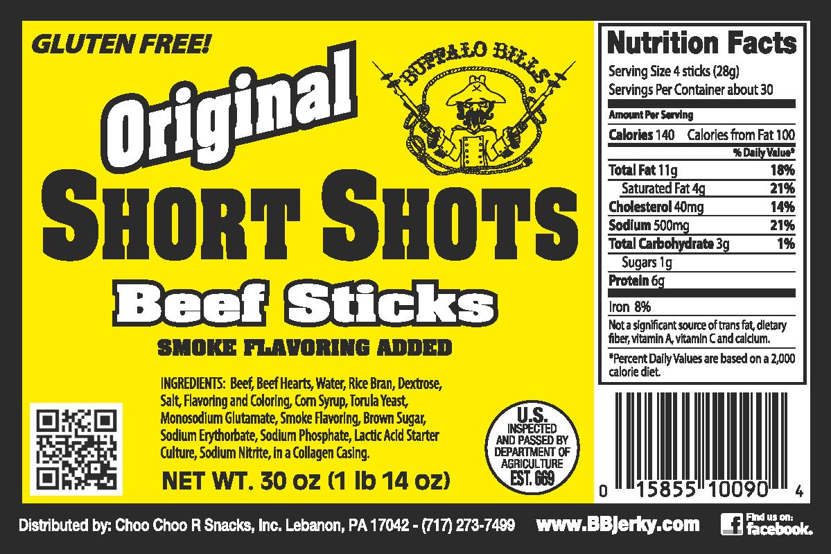 Buffalo Bills Original Short Shots Snack Beef Sticks, 3.5"Sticks/30 Oz Bag | Gluten Free, Ideal For Road Trips, Officesnacks, Hiking, High Protein Snack, Made In The USA, 100% Us-Raised Beef, 120 Sticks
