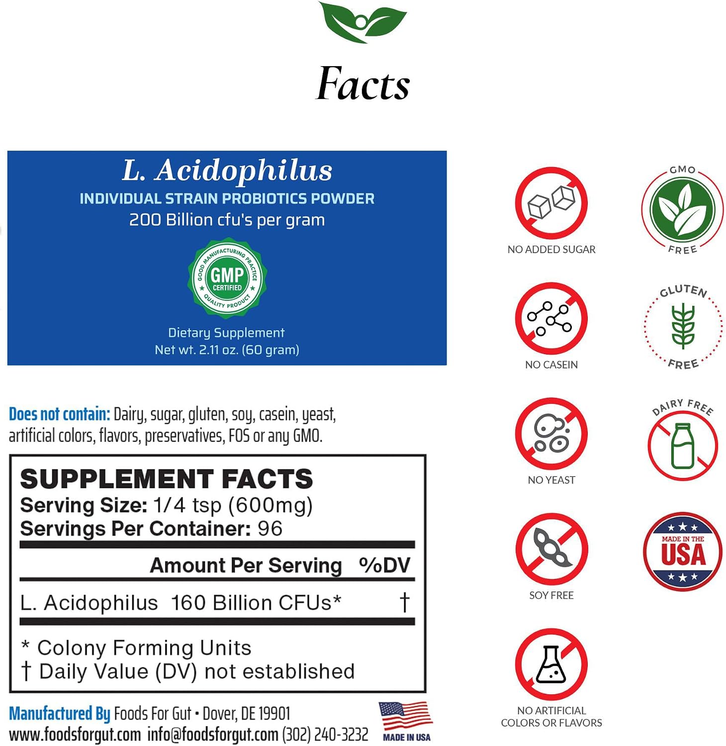 Foods For Gut Lactobacillus Acidophilus Probiotic Powder 200 Billion cfu's | Made in USA | No Additives | Direct from Manufacturer | No Third-Party