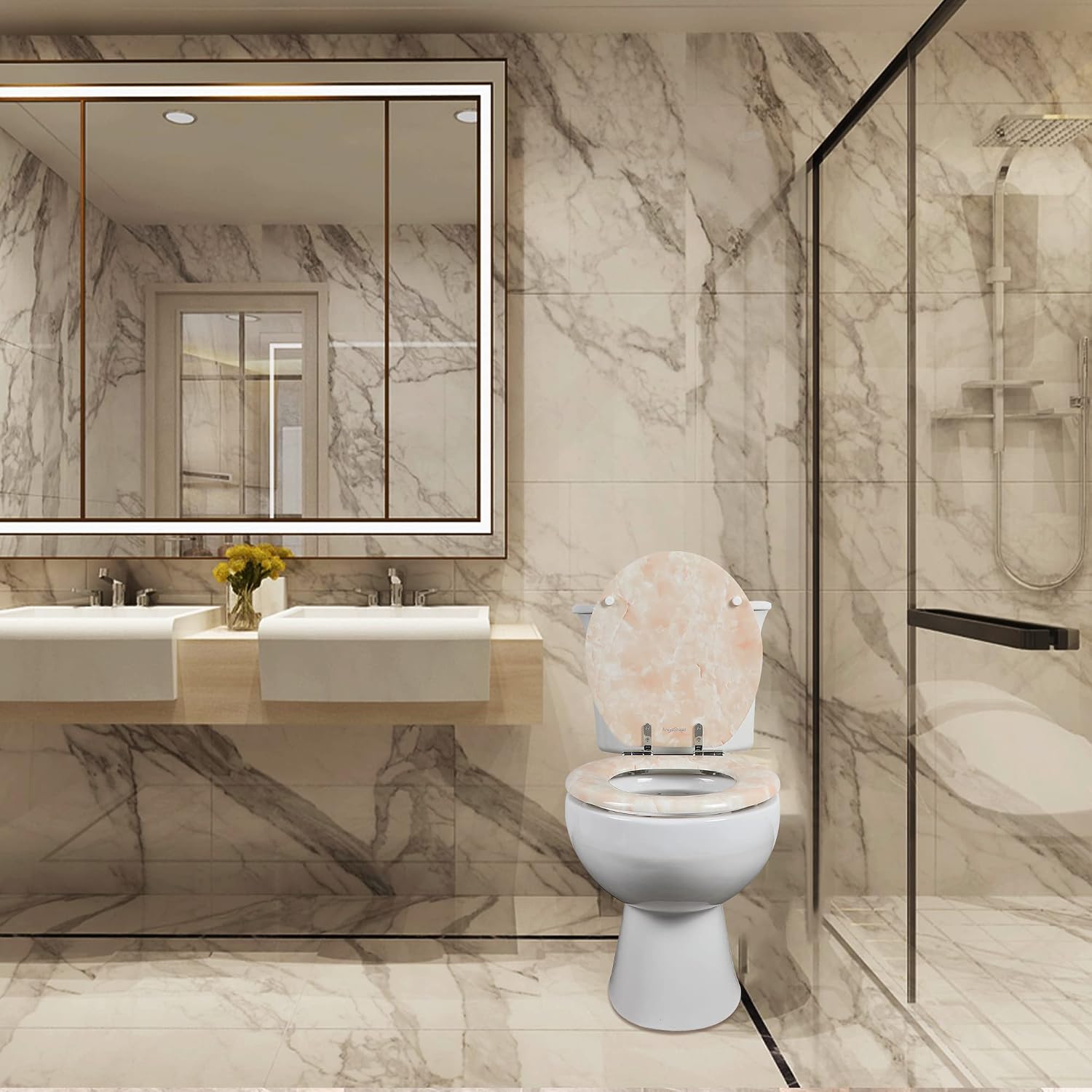 Angel Shield Marble Toilet Seat Durable Molded Wood with Quiet Close,Easy Clean，Quick-Release Hinges (Elongated,Black Marble)
