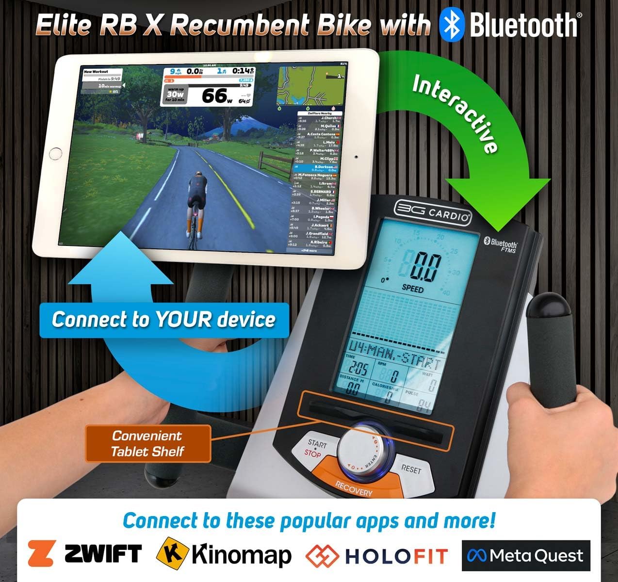 Elite RB X Recumbent Exercise Bike - FreeSync FTMS Bluetooth Smart App Connectivity - Compact 49" (L) - Oversized Soft 4-Way Adj. Seat - 350 lb Cap.