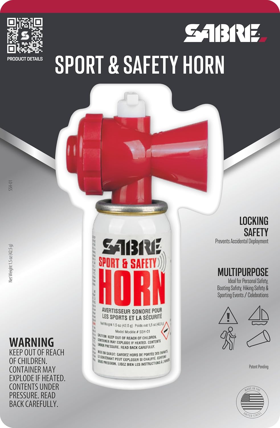 SABRE Sport and Safety Horn, 130 dB Air Horn, 60 ¼ Second or 25 ½ Second Bursts, Audible Up to 1/2-Miles (804-Meters), Perfect for Use at Sporting Events, Boating, Camping, Hiking