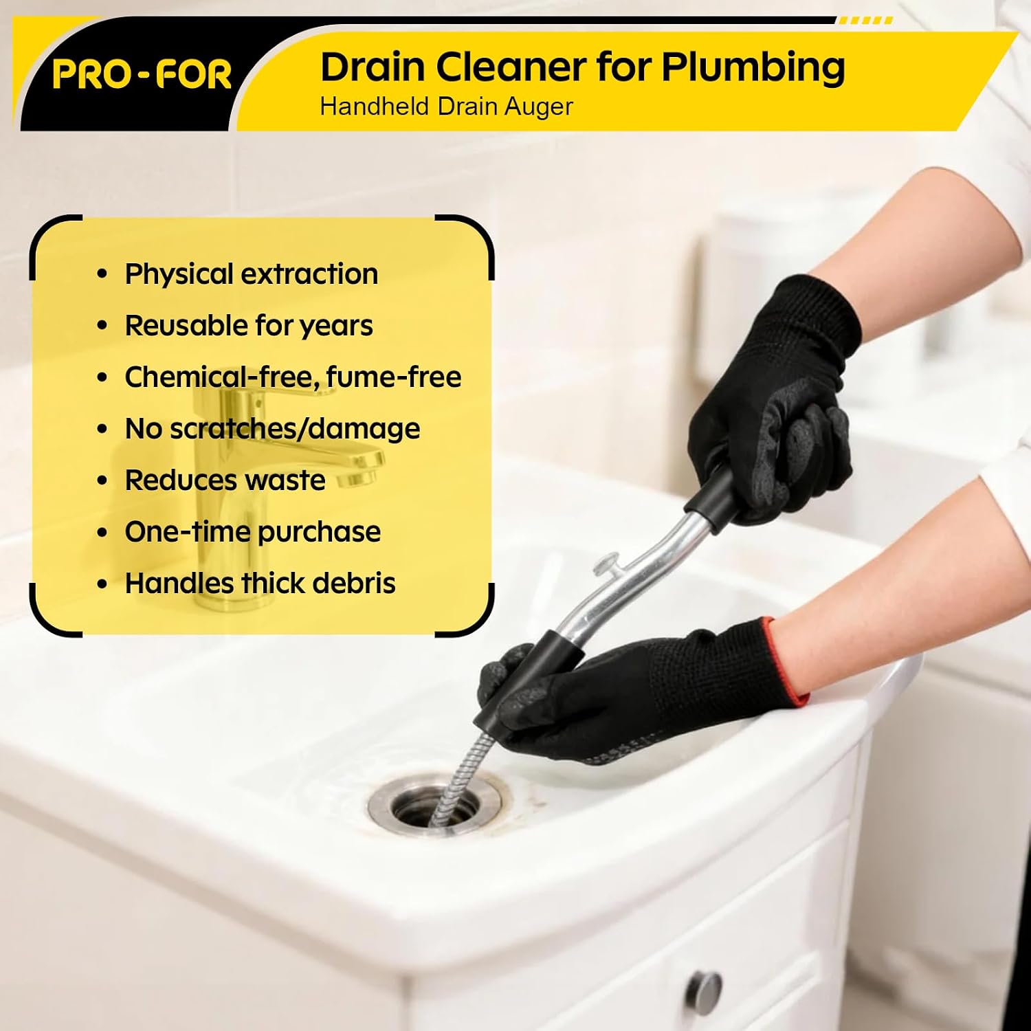 25FT Handheld Drain Auger, Heavy Duty Plumbing Snake for Clogged Drains, 3/8 Inch Diameter Manual Drain Cleaner for Sink, Bathtub
