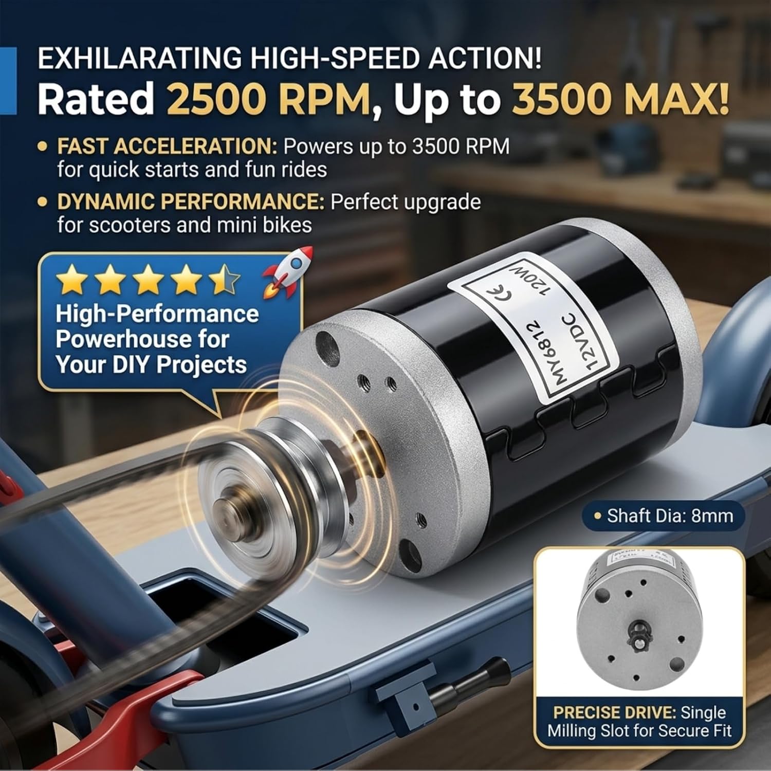 Electric Scooter Motor 12V 120W, Electric Brushed Motor High Speed Small Brush Motor with Belt Pulley E Scooter Accessory, Pulse 12v Motor for Scooter