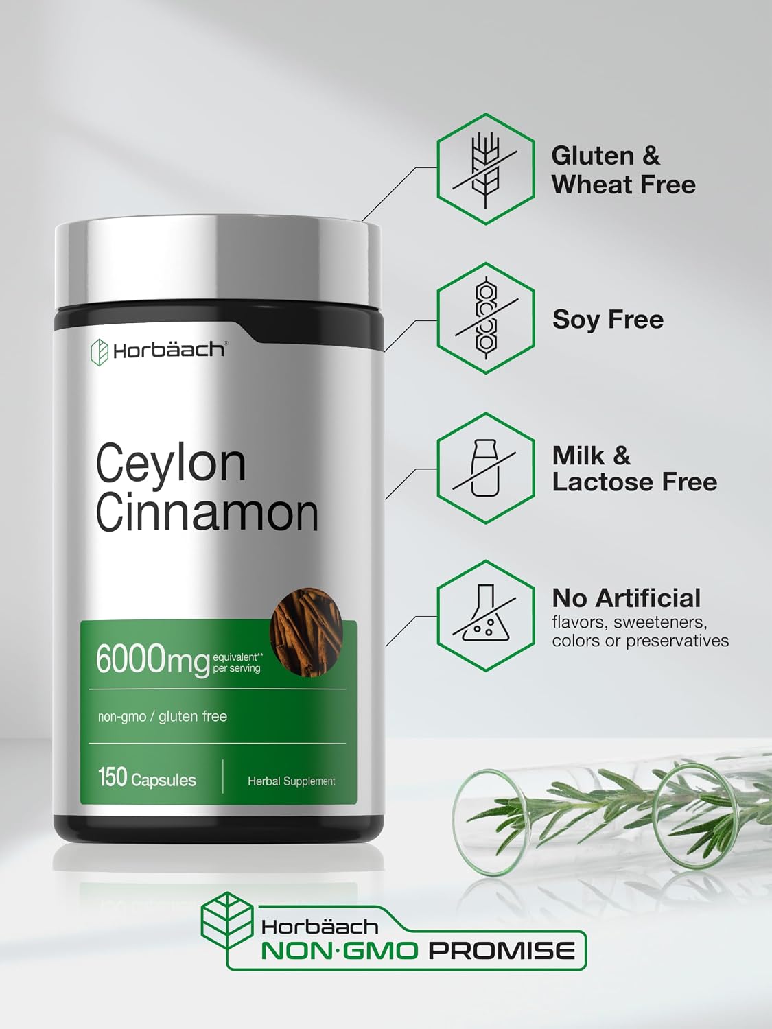 Horbäach Ceylon Cinnamon Supplement | 150 Capsules | Herbal Extract Pills | Non-GMO & Gluten Free