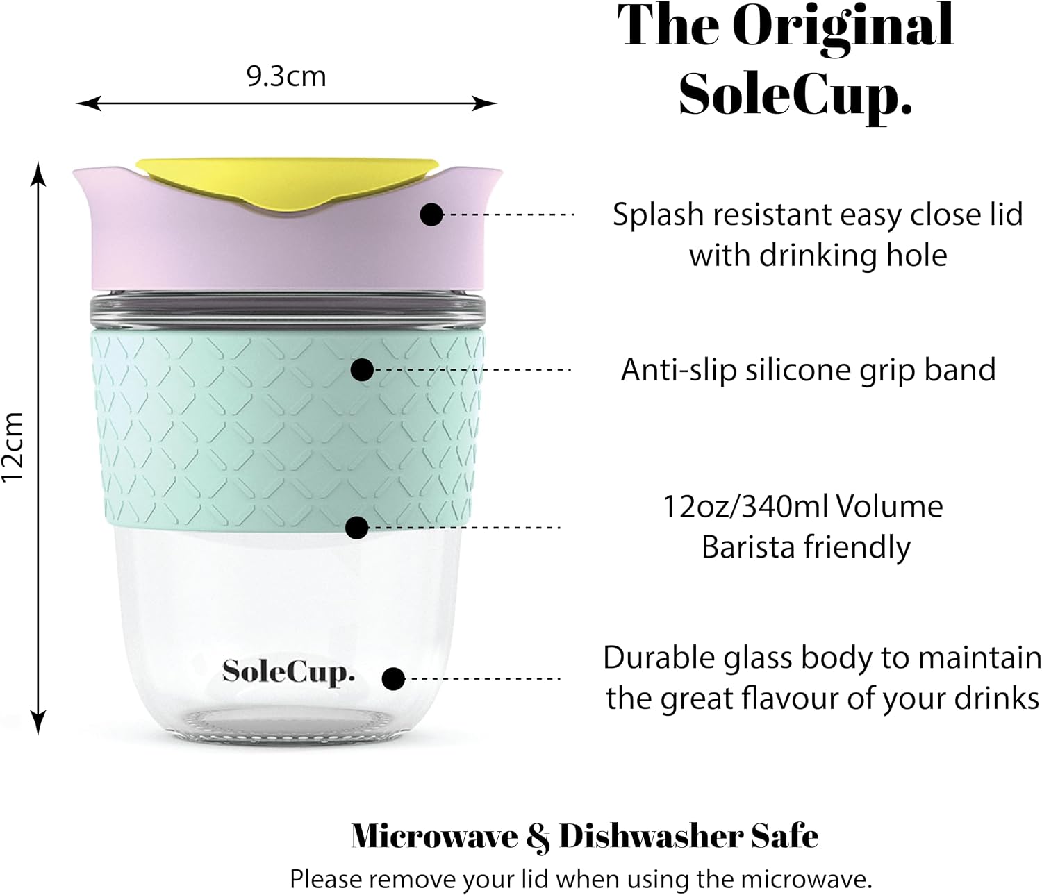 Large Travel Mug - Reusable Glass Coffee Mug - 18oz/530ml BPA-Free Hot Drink Travel Mug with Lid & Silicone Band (Black, 18oz)