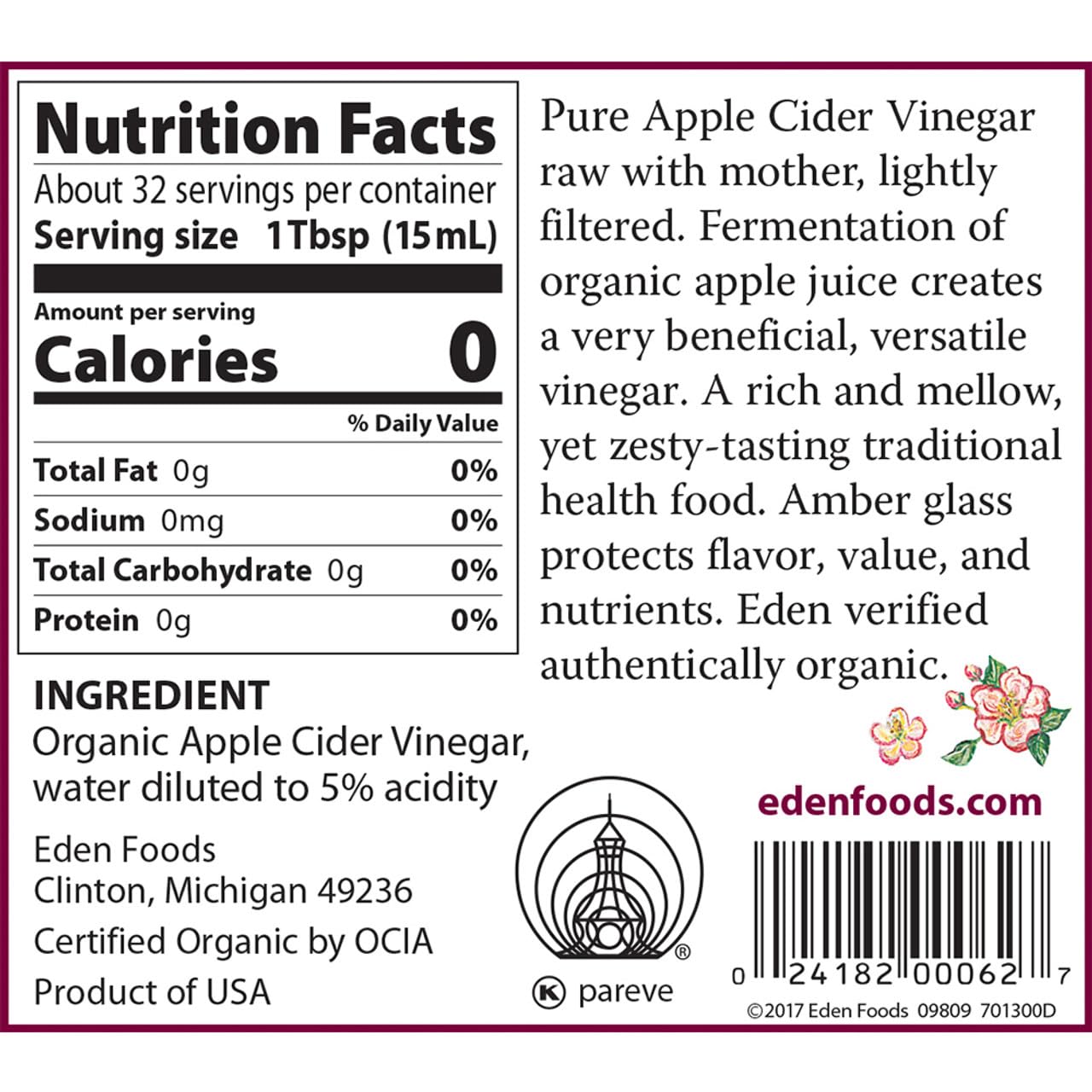 Eden Organic Apple Cider Vinegar, Raw, Unpasteurized with Mother, 16oz Glass