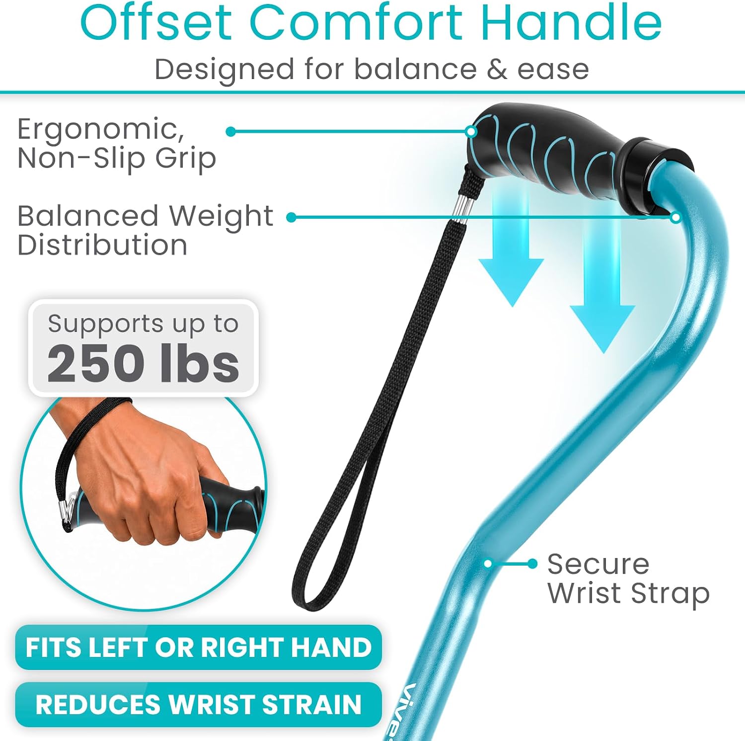 Vive Walking Cane for Women, Men, Elderly - Patented Offset Grip - Lightweight Adjustable Walking Aid with a Non-Slip Tip - Sturdy Balancing Mobility Aid for Seniors
