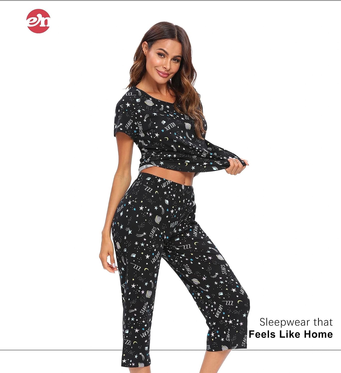 ENJOYNIGHT Womens Pajama Set Cotton Short Sleeve Top With Capri Pants Pj