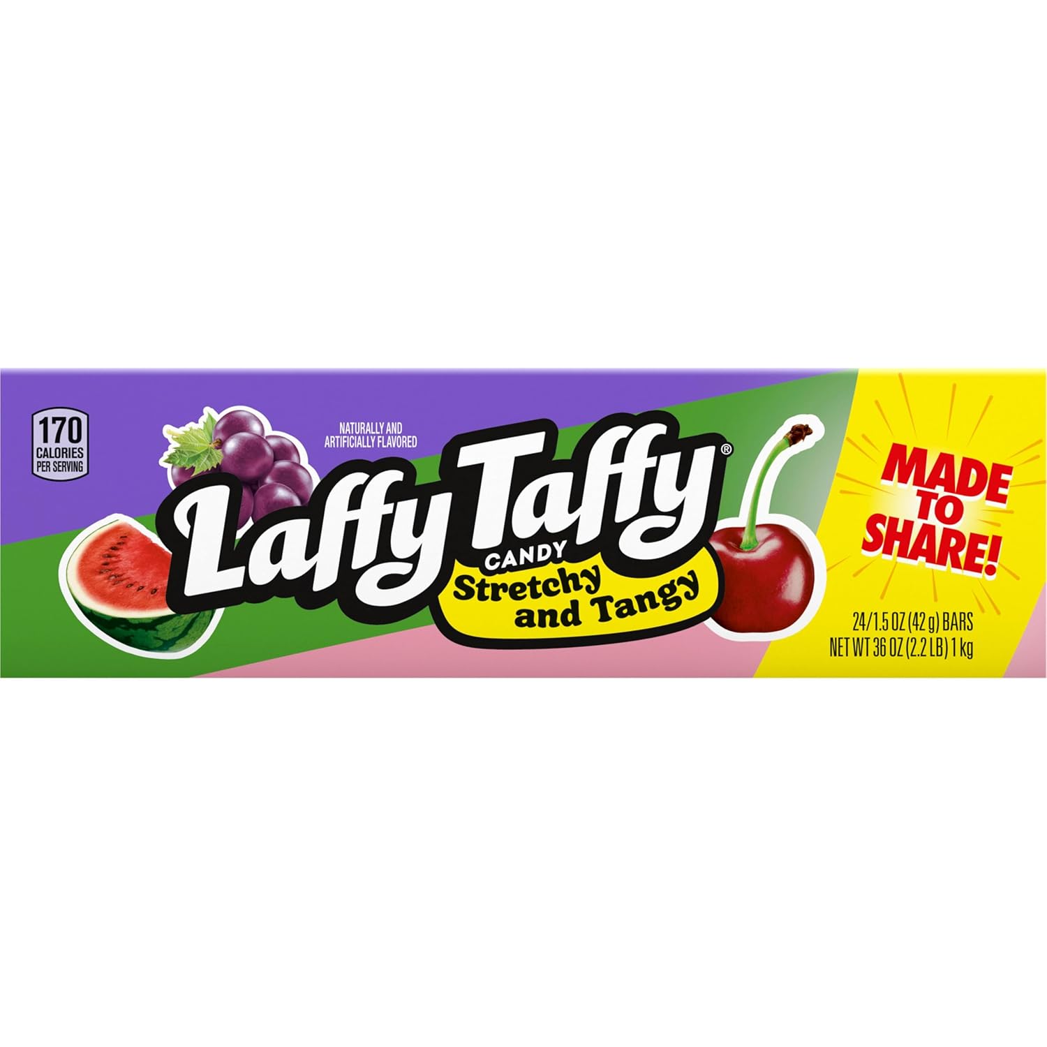 Laffy Taffy Variety Box, Grape Watermelon Cherry Chewy Candy, 1.5 oz, 24 Ct | Grape, watermelon, cherry stretchy tangy taffy, individually wrapped, jokes on wrapper, lunchbox, sharing