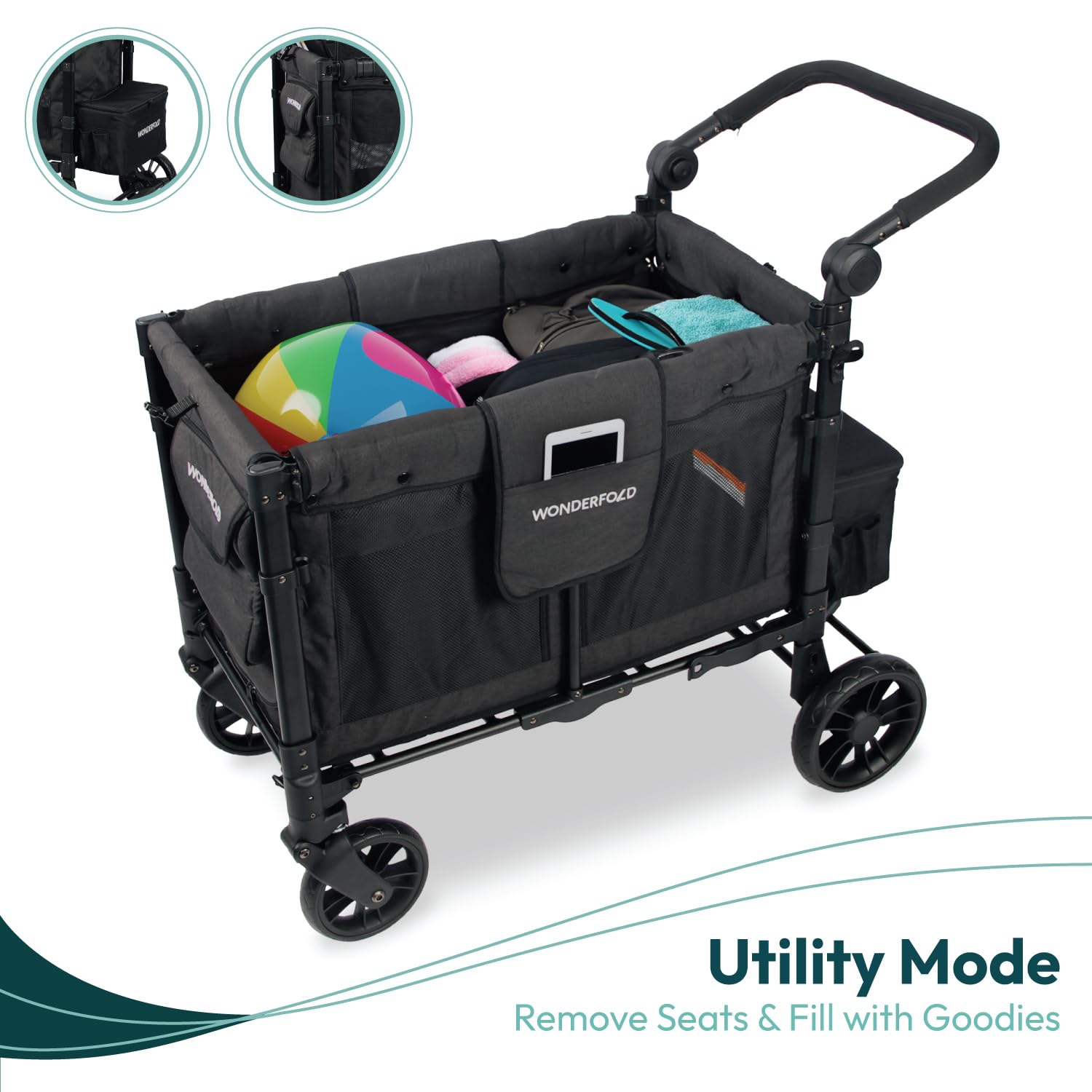 WonderFold W2 Stroller Wagon, Steel Frame, 2 Seater, Black