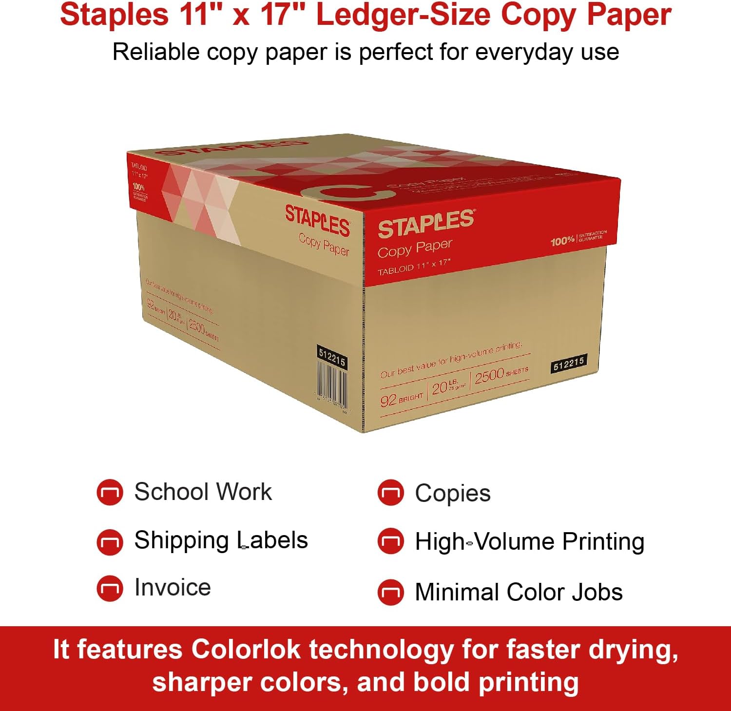 Staples TRU RED Copy & Printer Paper, 8.5 x 11, 20 lb, 92 Bright, 5,000 Sheets/Carton, White Letter Size Paper for Office, School & Home