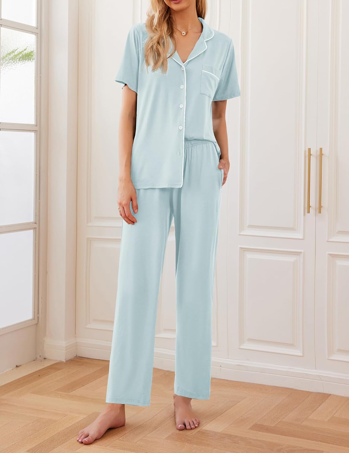 Ekouaer Womens Pajamas Set Short Sleeve Button Down Top & Pants Lounge Pjs
