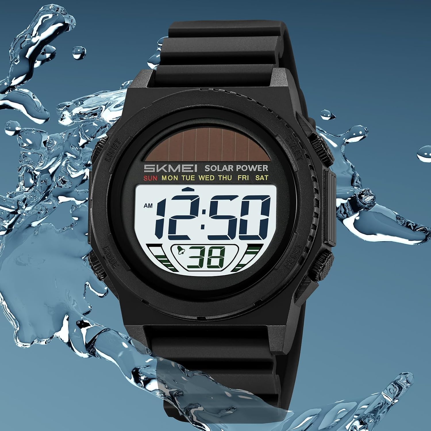 MASTOP Solar Powered Energy Watch for Men Military Digital Multifunctional Led Luminous Indication 2 Time Zone 50m Waterproof Watch Reloj Solar para Hombre