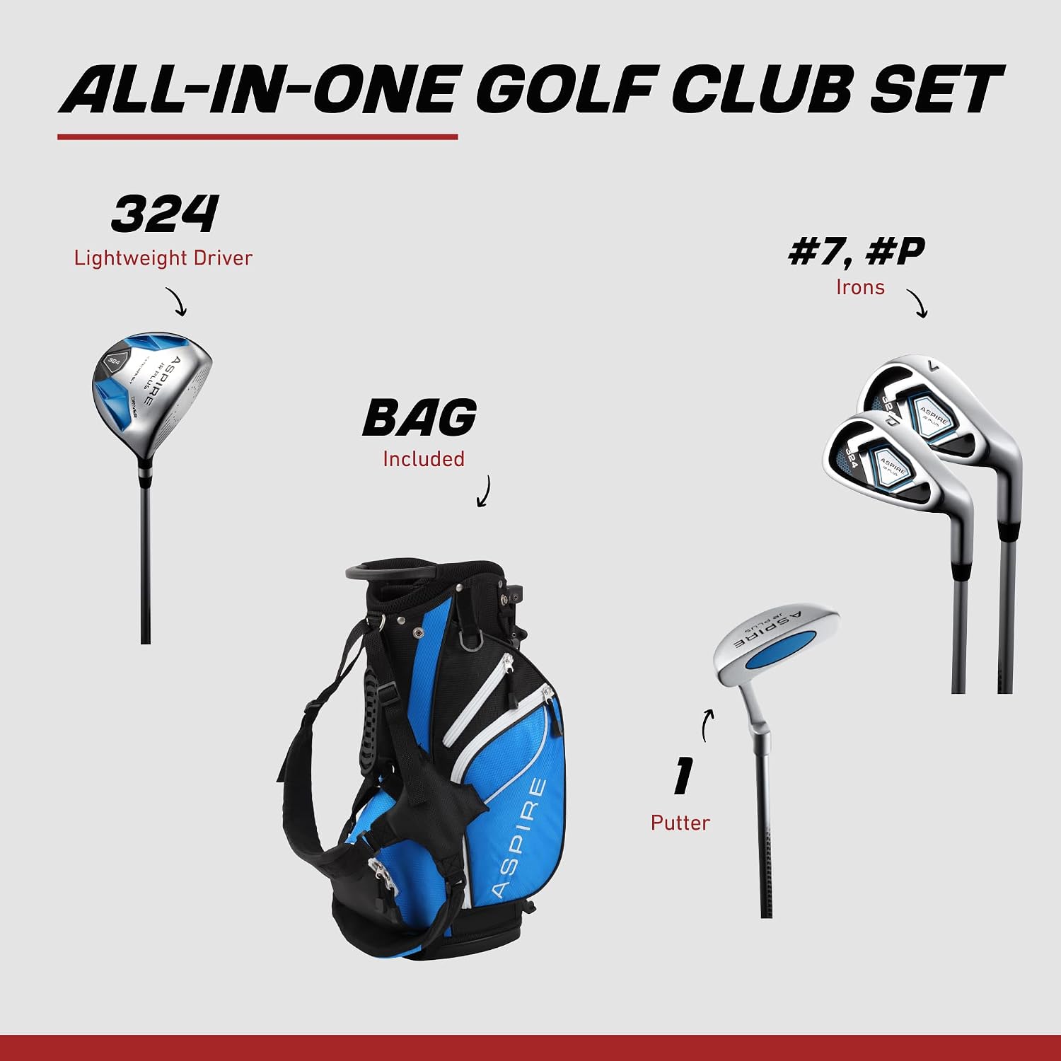 Aspire Junior Plus - Kids Complete Golf Club Set | Aircraft-Grade Aluminum, 15% Larger Clubhead, 7 Iron & Pitching Wedge, Progressive Flex Shafts, Rain Hood, 2 Headcovers