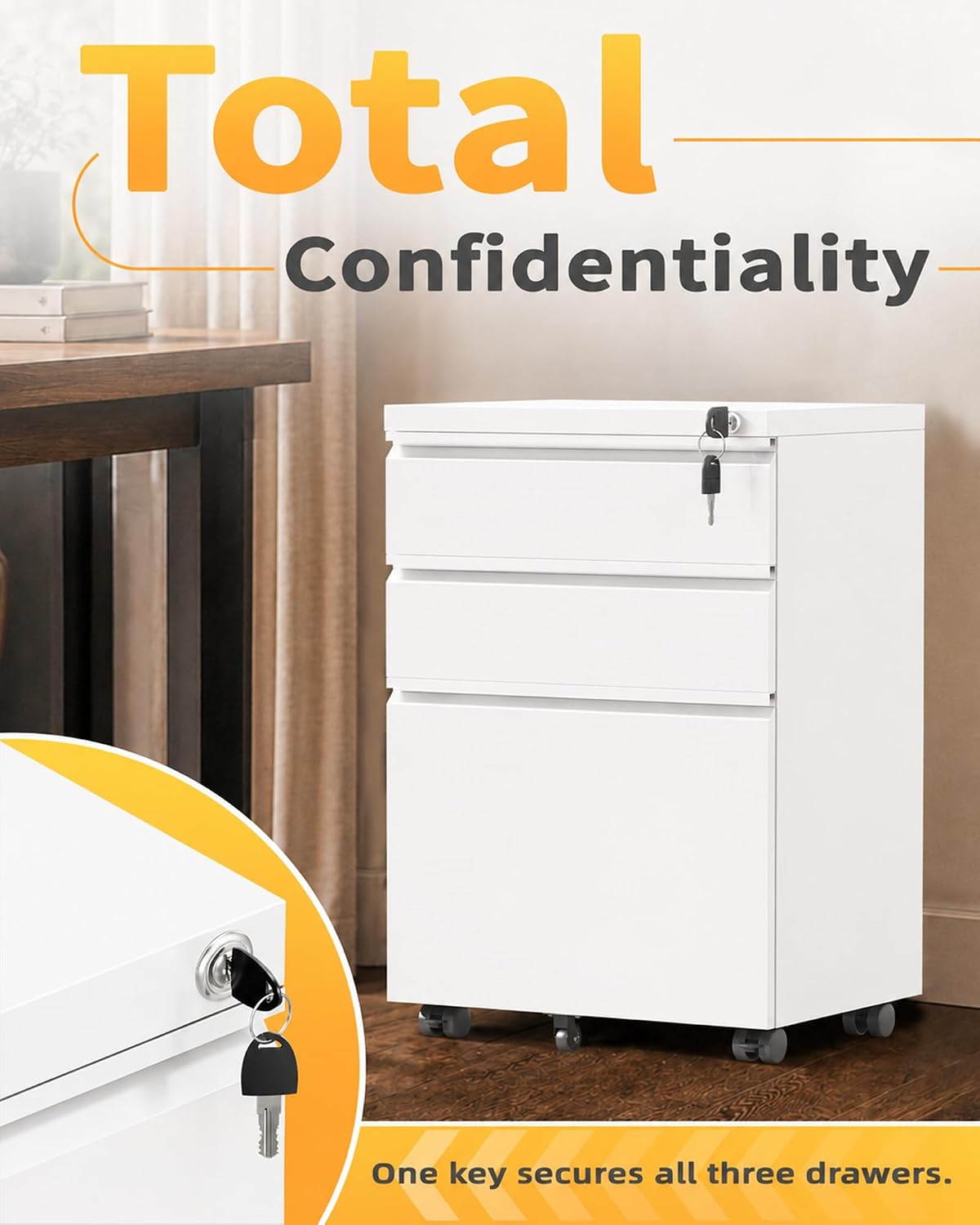 3 Drawer Mobile File Cabinet with Lock, Under Desk Metal Filing Cabinet for Letter/Legal/A4 Size, Fully Assembled Except Casters, Rolling Office Organizer for Home Office, Black