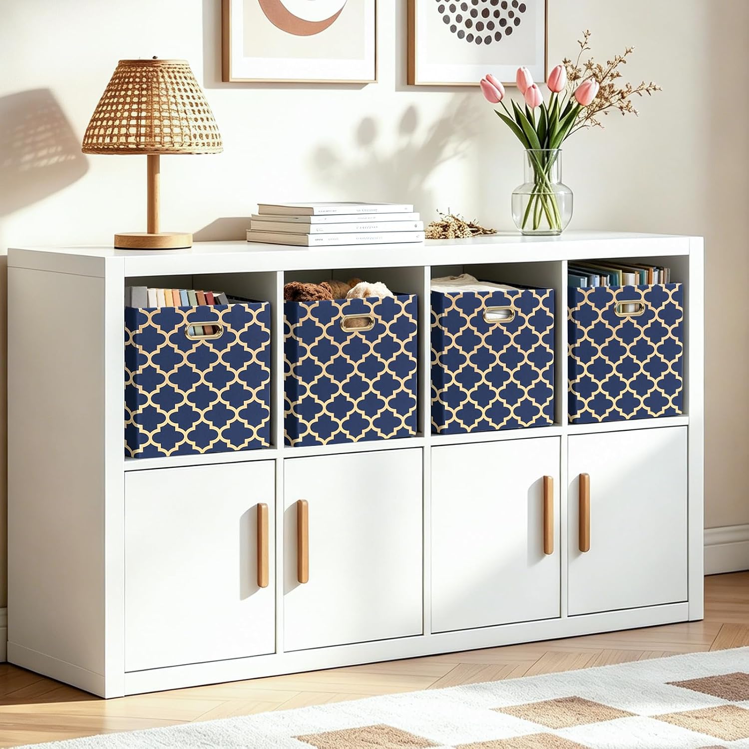 Posprica Storage Bins, Storage Cubes,13×13 Fabric Drawers Organizer Basket Boxes Containers (13×13×13/4pcs, Cream/gold geometry Pattern)