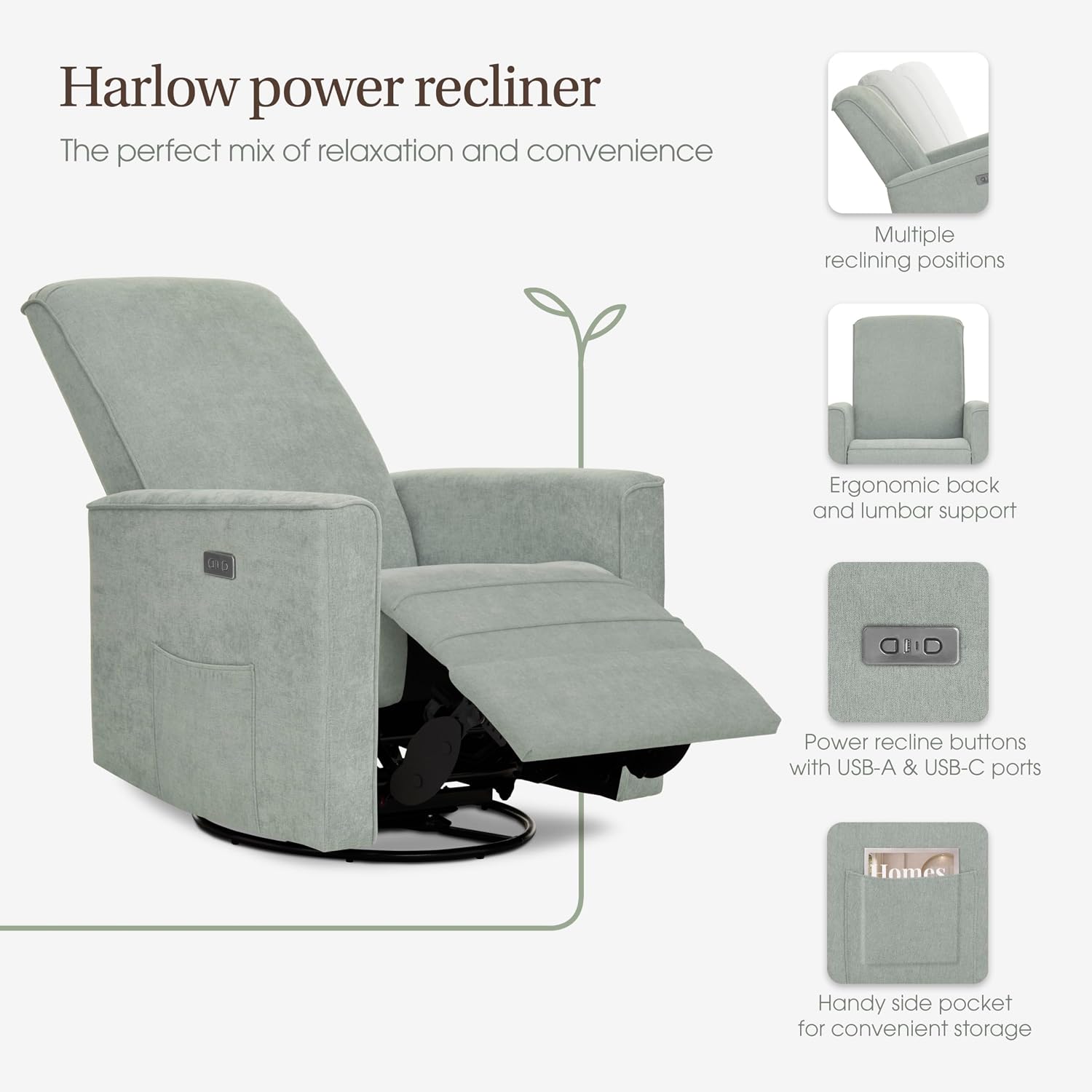 évolur Harlow Upholstered Power Glider Recliner with USB Charging – Rocking & 275° Swivel with Smooth Glide – Greenguard Gold & FSC