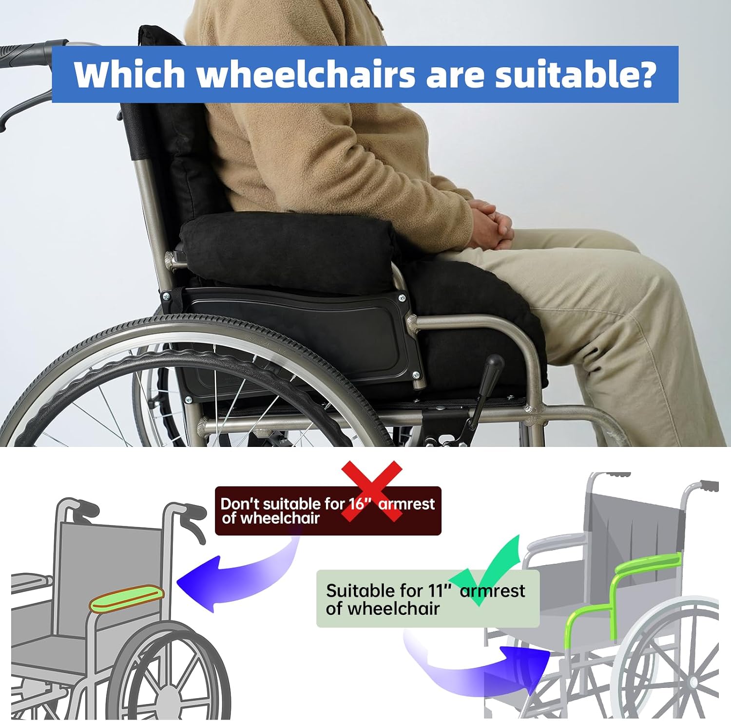 Wheelchair Cushions，Pressure Pain Relief Accessories with Armrest Covers. Supports Coccyx & Back, Non-Slip. Fits 18" Wheelchair with Full Arms, Blue.
