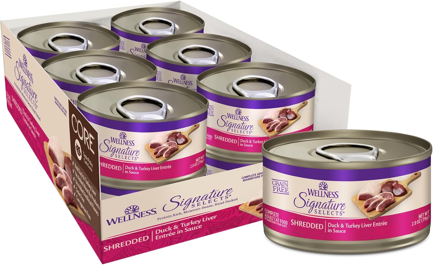 Wellness CORE Signature Selects Shredded Adult Canned Wet Cat Food, Natural, Protein Rich, Grain Free, Chicken Entrée Recipe, 2.8 oz, Pack of 12 Cans