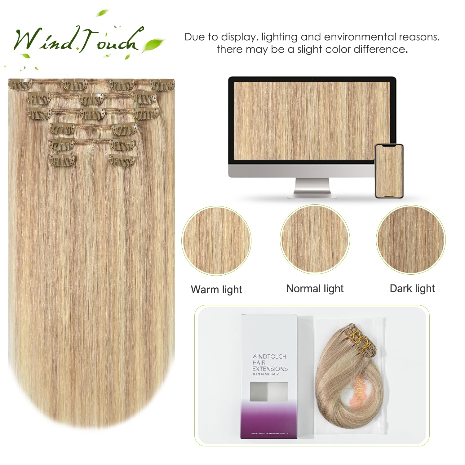WindTouch Clip In Hair Extensions Human Hair Mixed Bleach Blonde 18Inch 75g Hair Extensions for Women Remy Blonde Extensions Clip in #18p613 7PCS